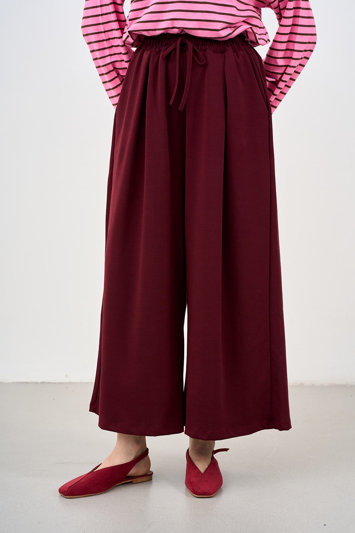 Beli Ayarlanabilir Lastikli Bol Pantolon Bordo