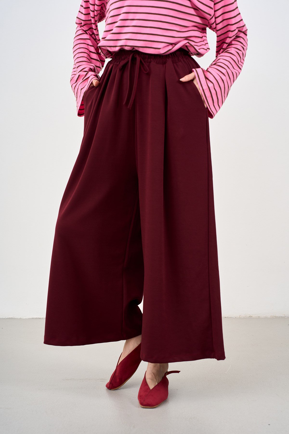 Beli Ayarlanabilir Lastikli Bol Pantolon Bordo
