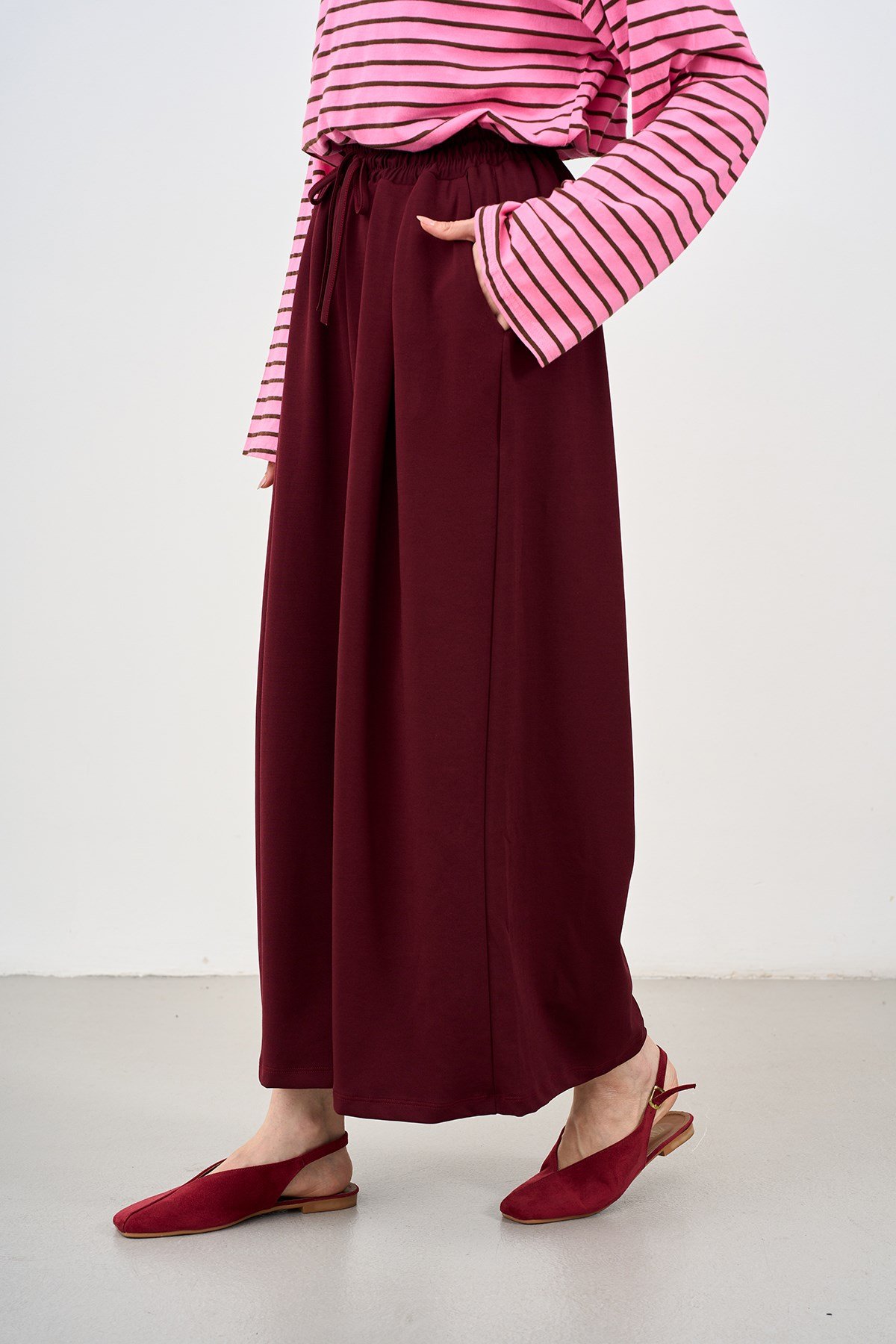 Beli Ayarlanabilir Lastikli Bol Pantolon Bordo