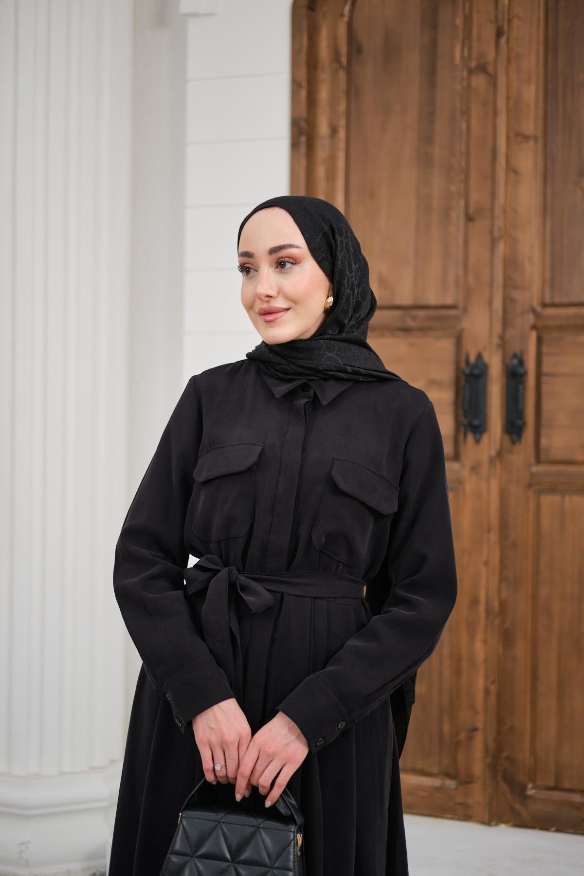 Beli Kuşak Detay Gömlek Elbise Siyah