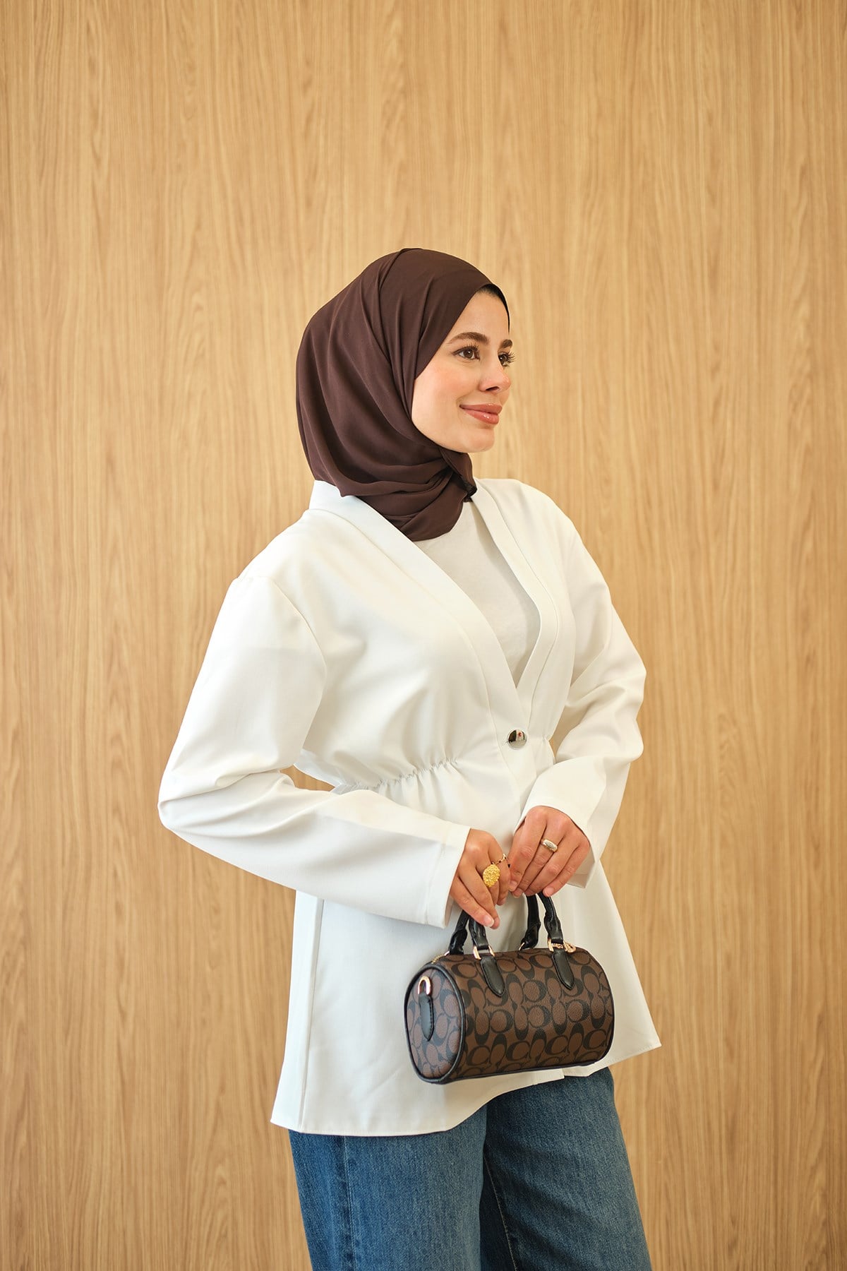 Beli Lastikli Düğme Detay Kimono Beyaz