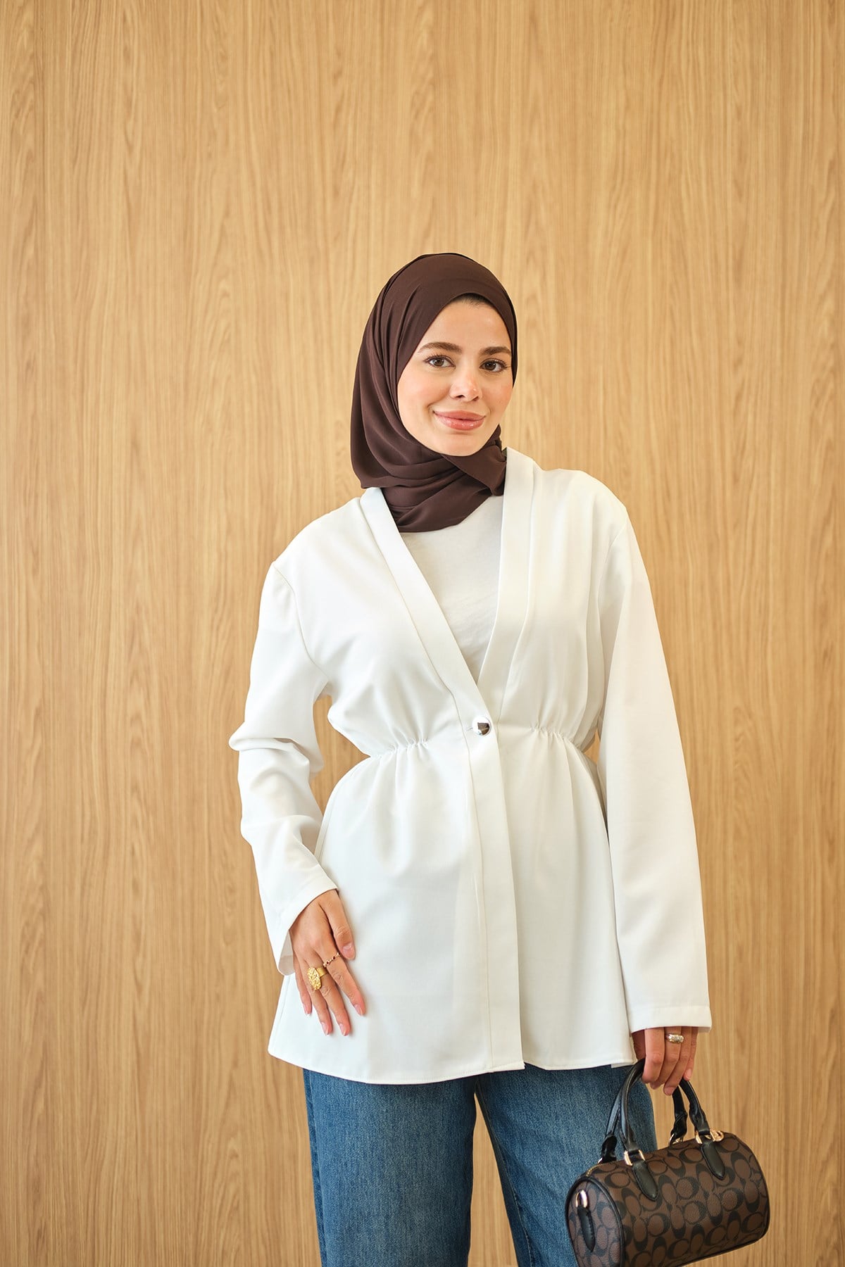 Beli Lastikli Düğme Detay Kimono Beyaz