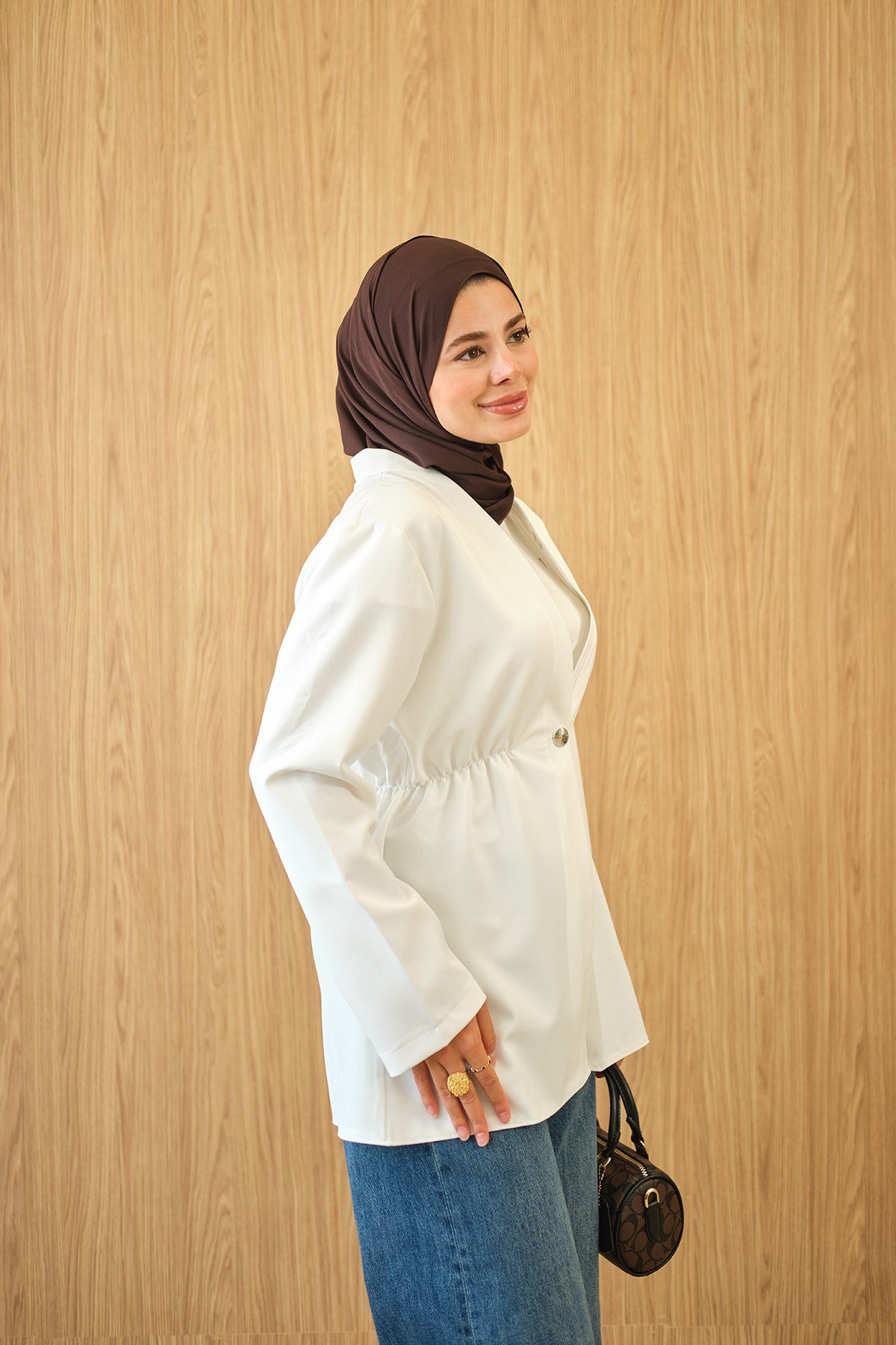 Beli Lastikli Düğme Detay Kimono Beyaz