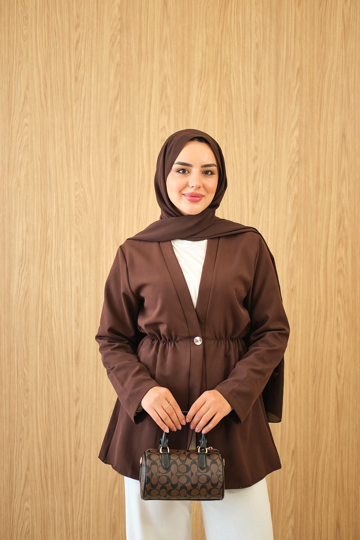 Beli Lastikli Düğme Detay Kimono Kahverengi