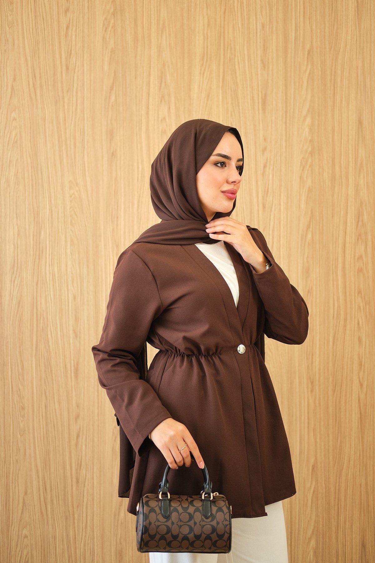 Beli Lastikli Düğme Detay Kimono Kahverengi