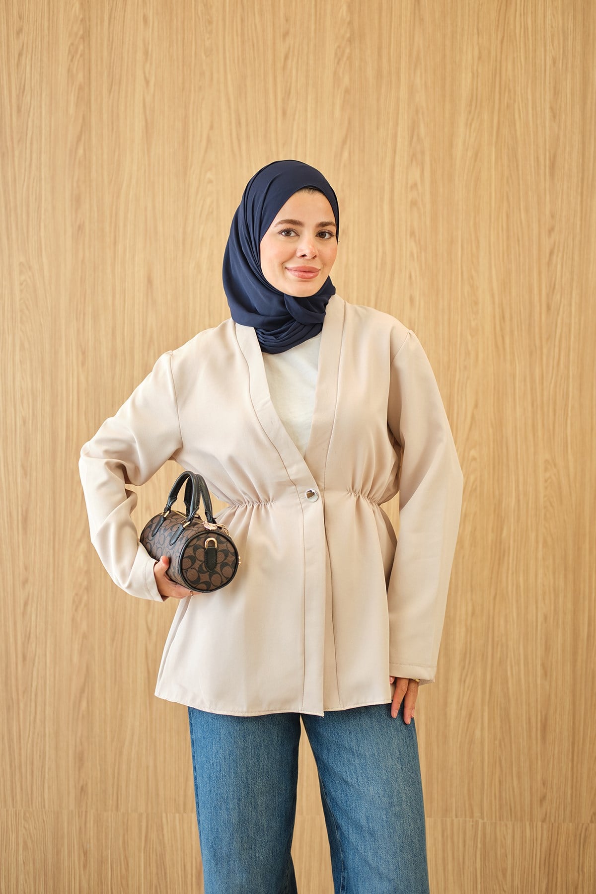 Beli Lastikli Düğme Detay Kimono Krem
