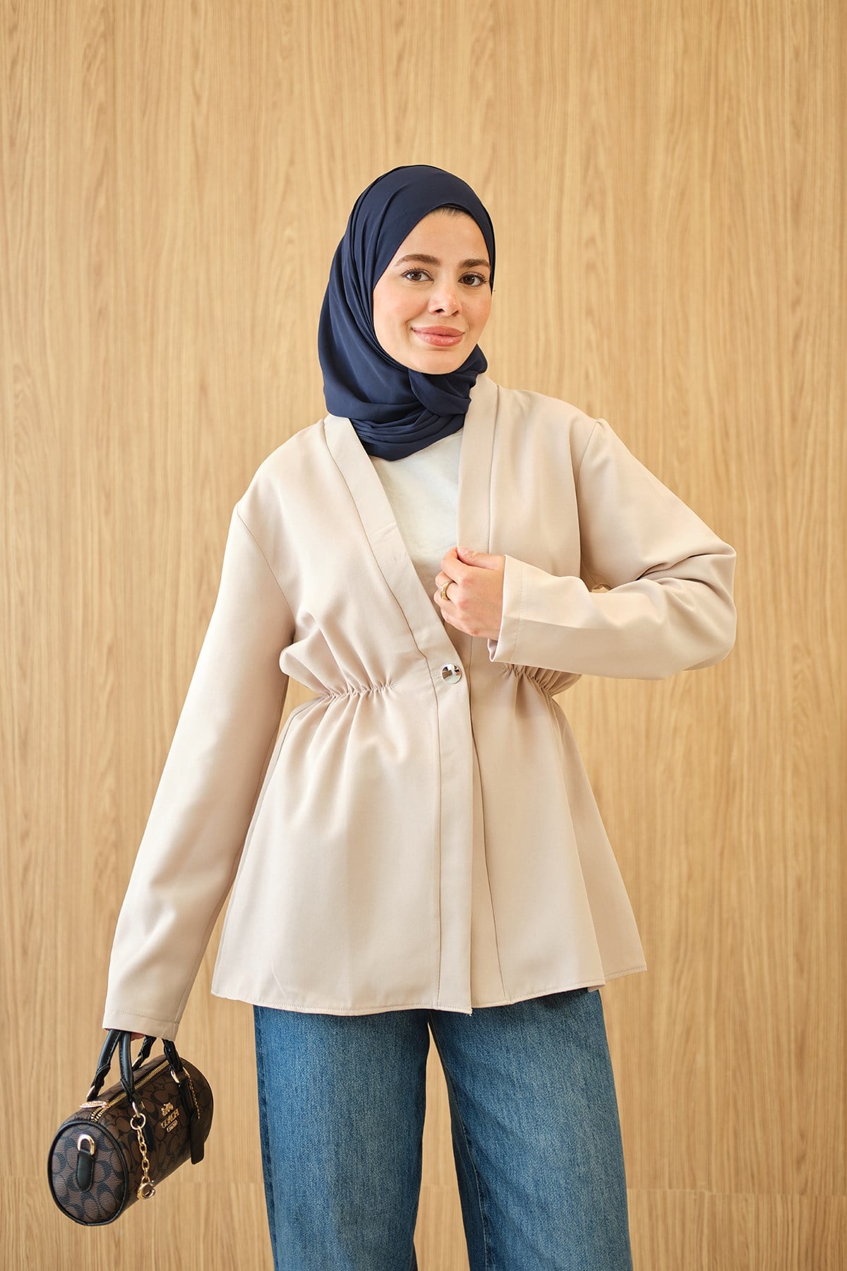 Beli Lastikli Düğme Detay Kimono Krem