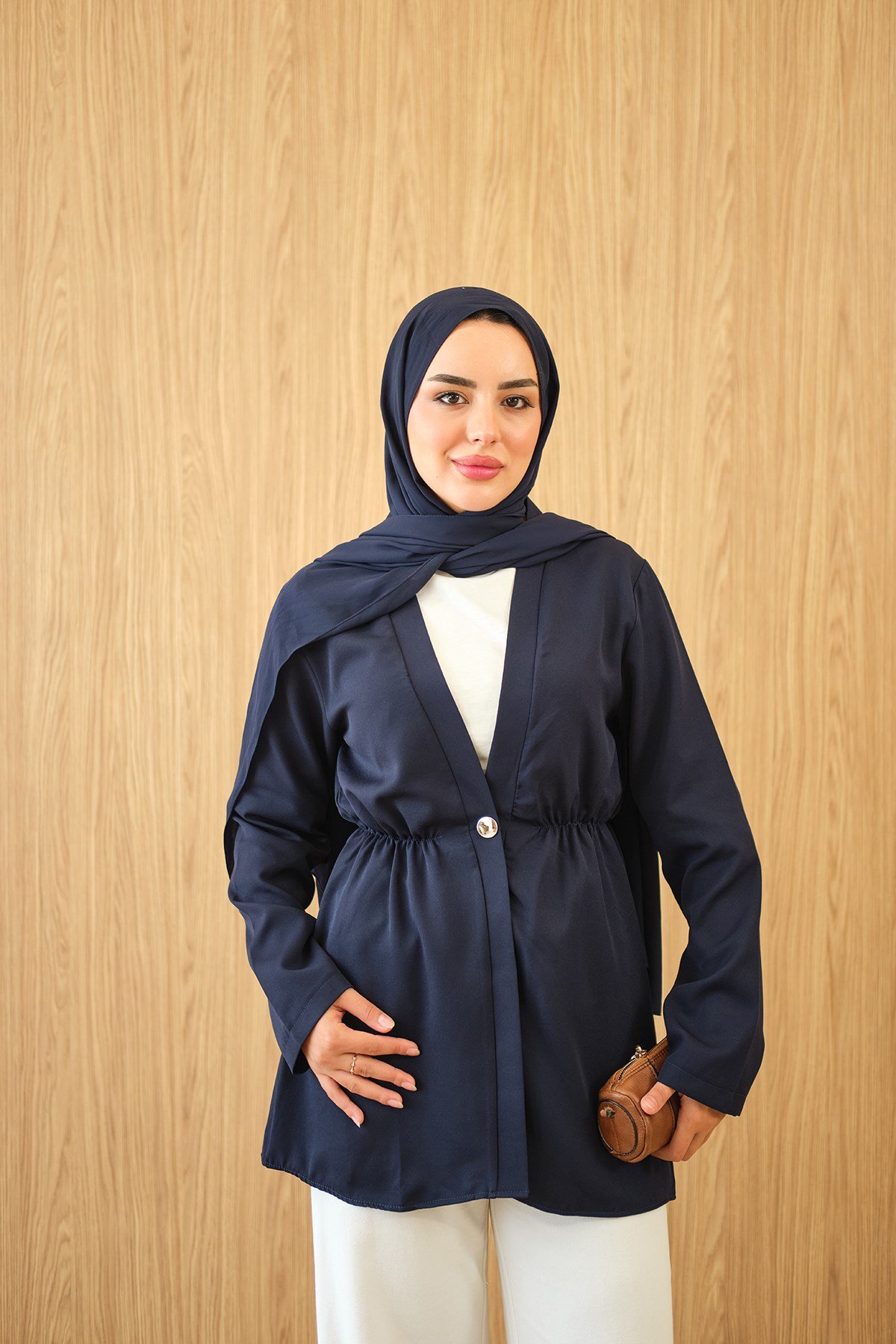Beli Lastikli Düğme Detay Kimono Lacivert