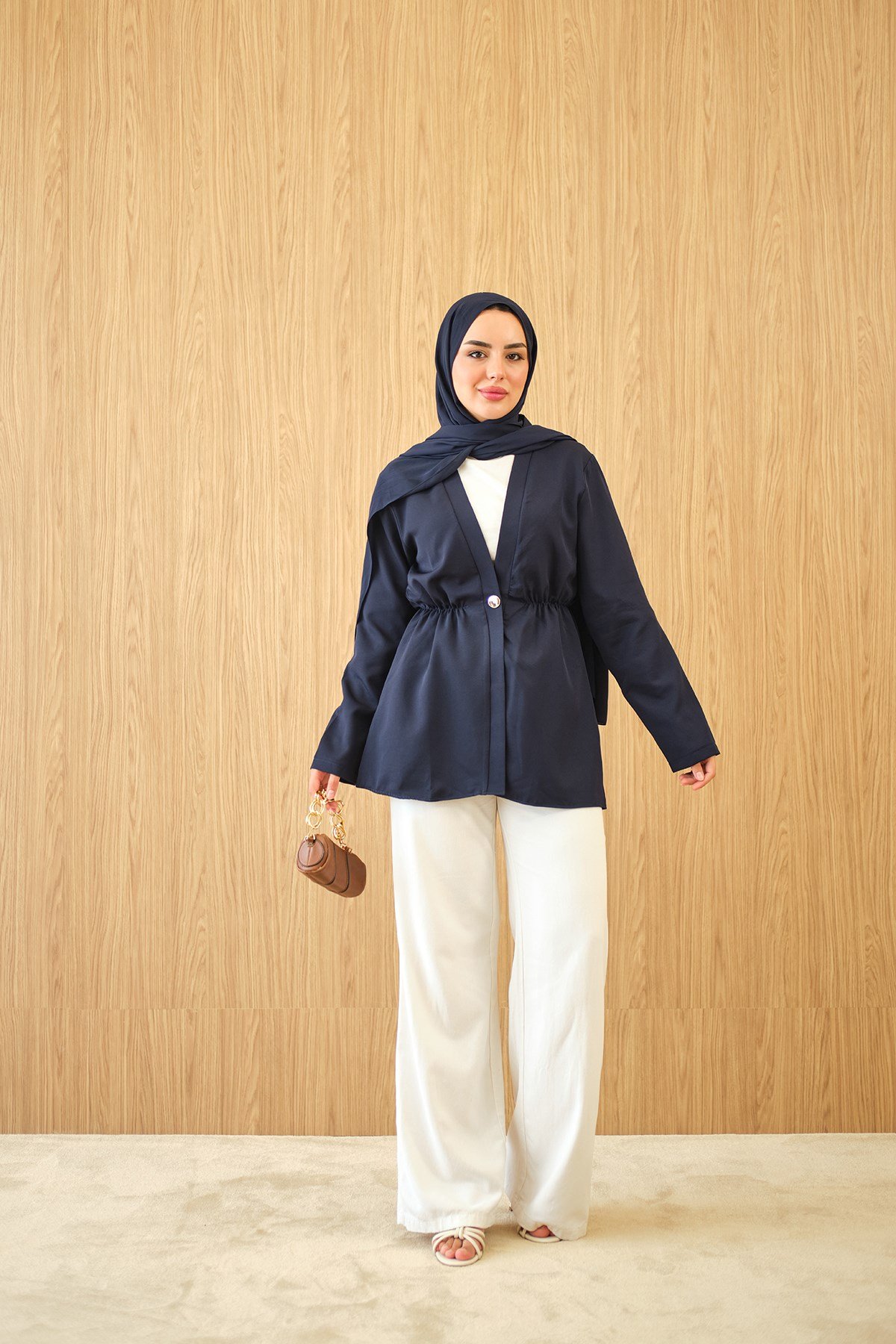 Beli Lastikli Düğme Detay Kimono Lacivert