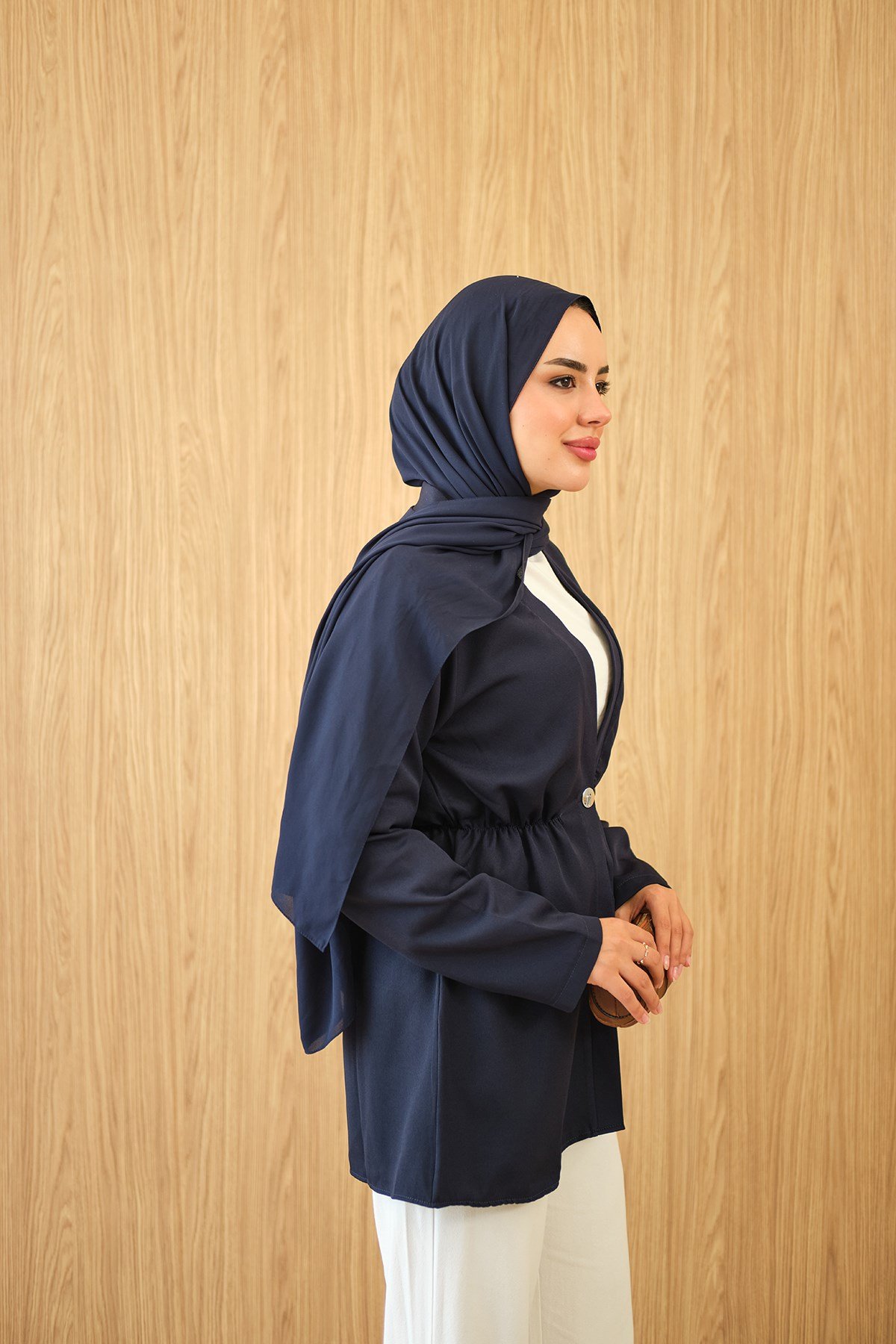 Beli Lastikli Düğme Detay Kimono Lacivert