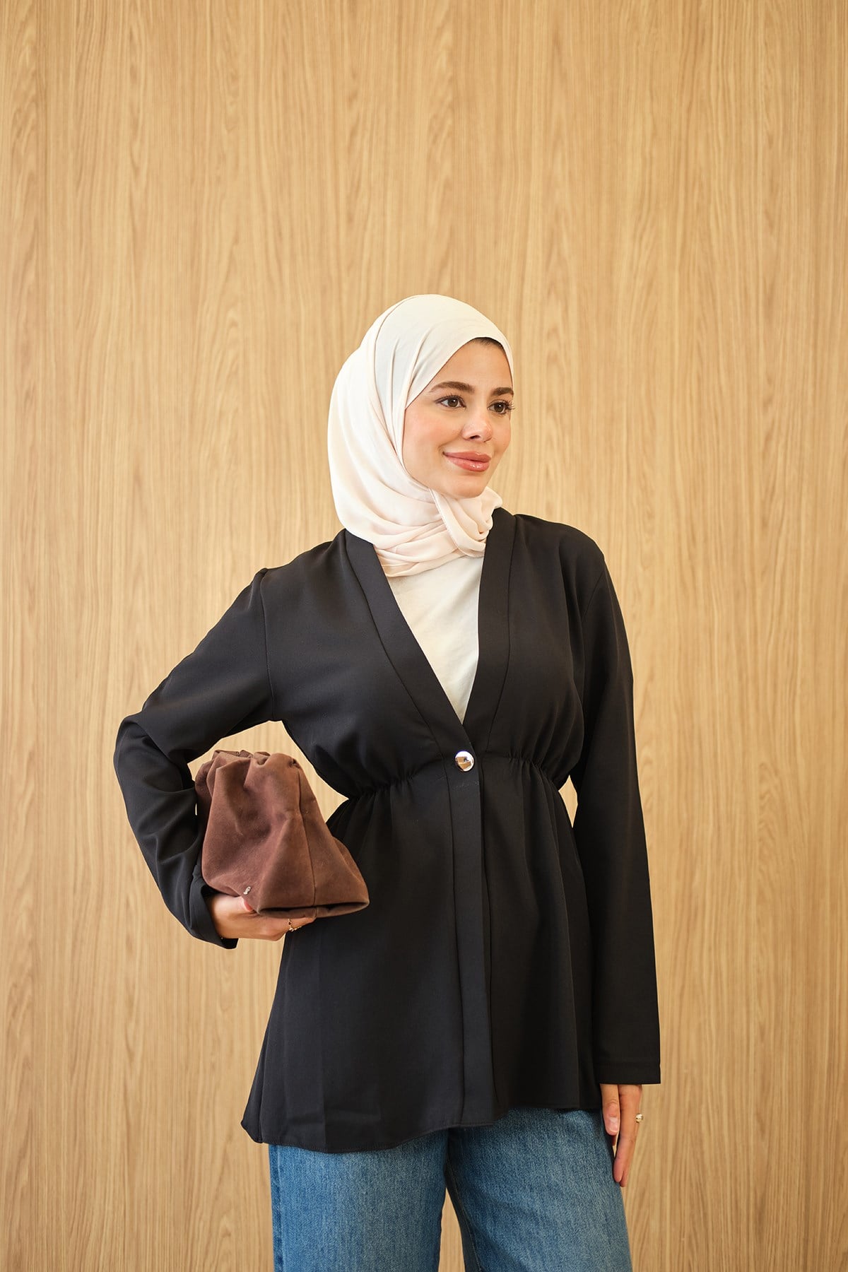 Beli Lastikli Düğme Detay Kimono Siyah