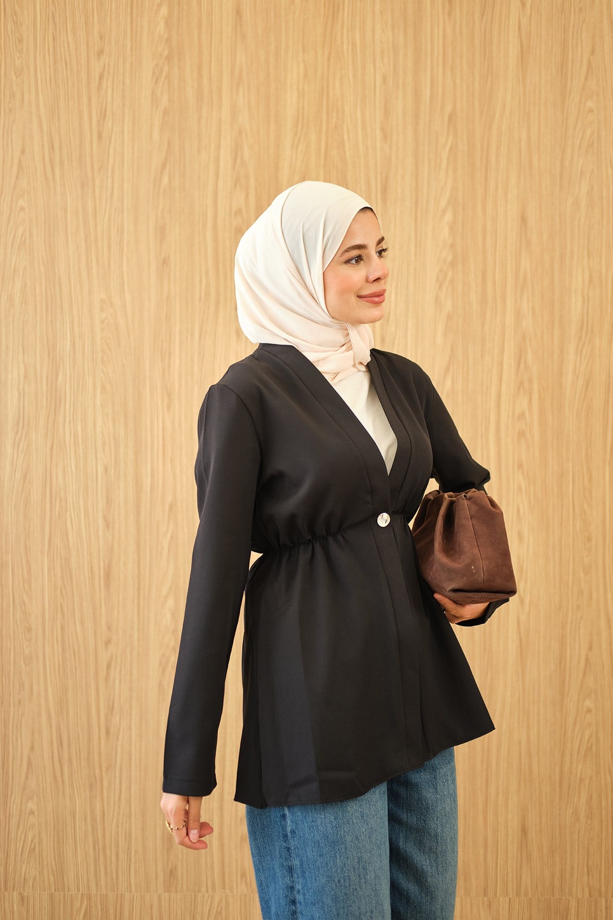 Beli Lastikli Düğme Detay Kimono Siyah