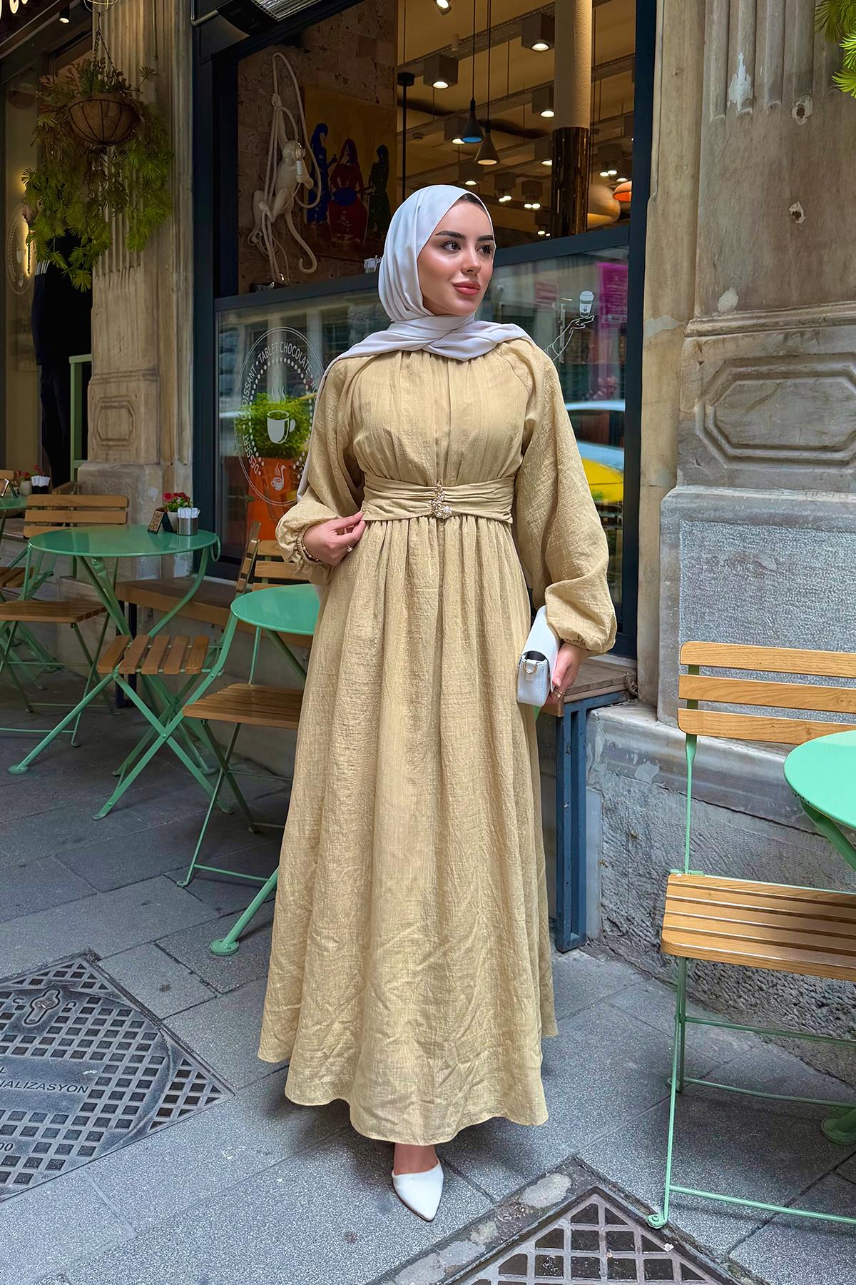 Beli Lastikli Kuşak Detay Elbise Yağ Yeşil