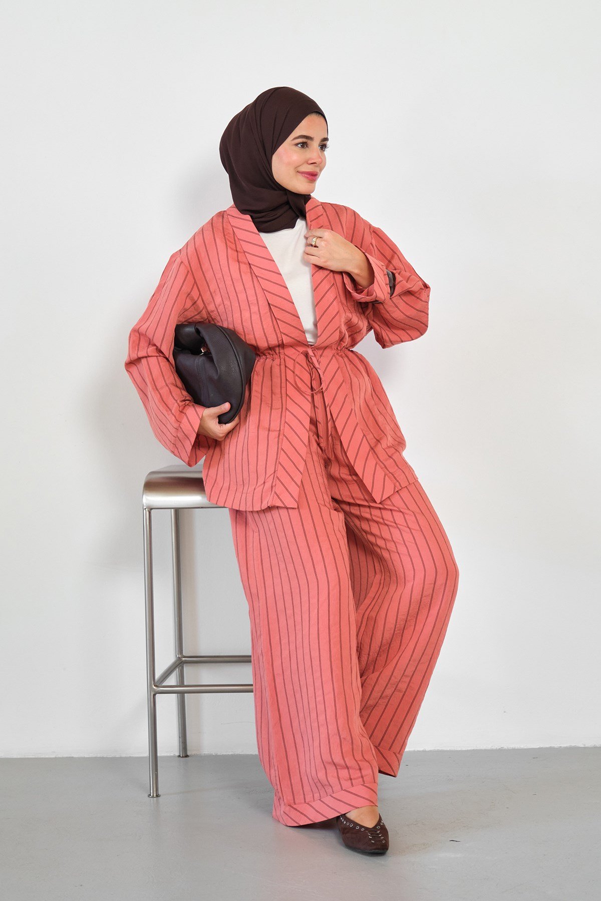 Beli Lastikli Önden Bağlamalı Çizgili Pantolonlu Kimono Takım Turuncu