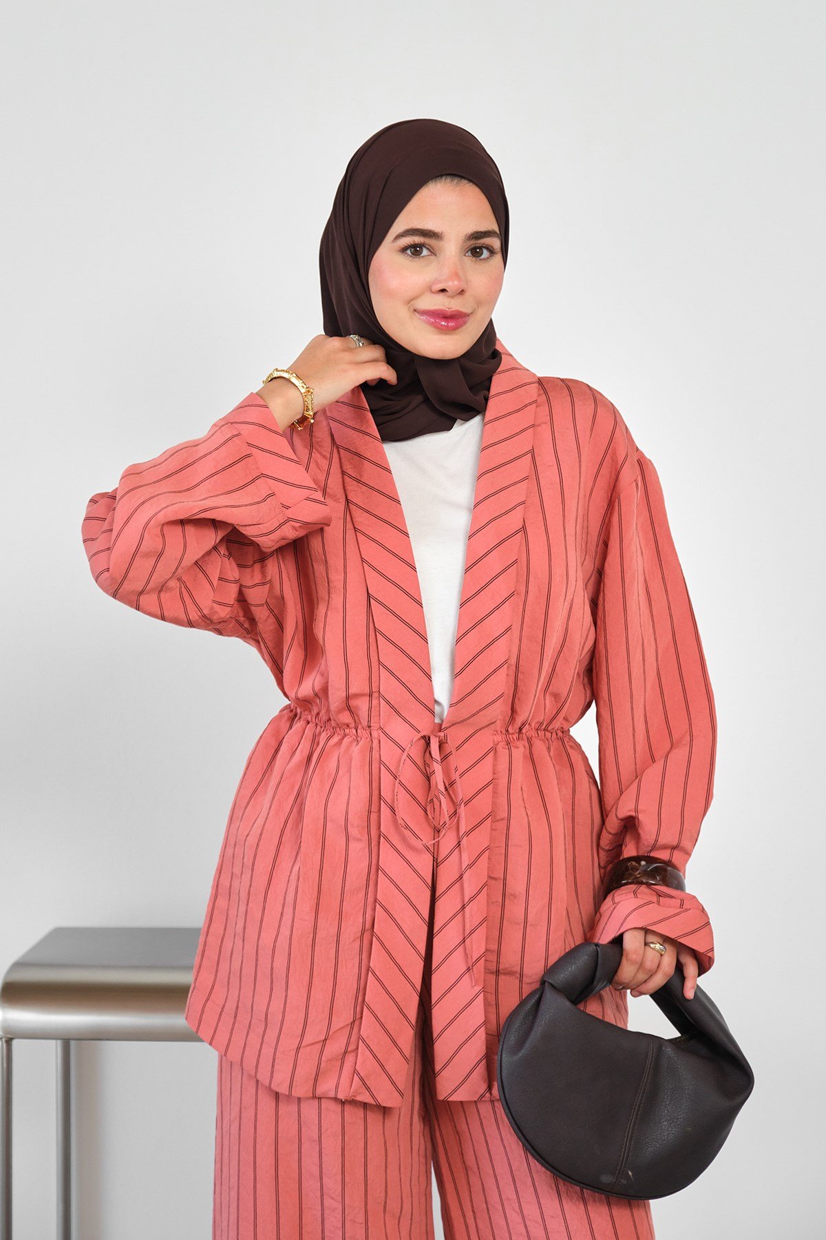 Beli Lastikli Önden Bağlamalı Çizgili Pantolonlu Kimono Takım Turuncu