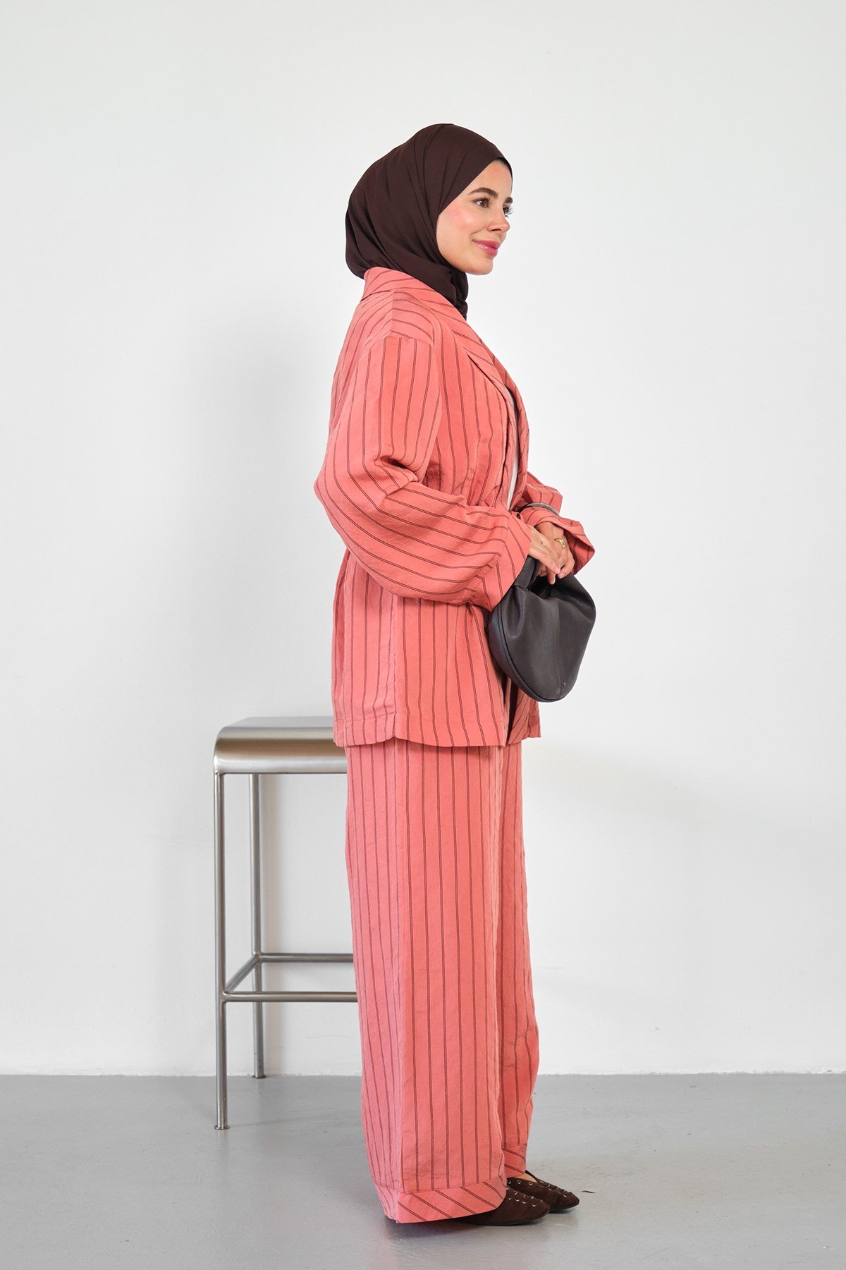 Beli Lastikli Önden Bağlamalı Çizgili Pantolonlu Kimono Takım Turuncu