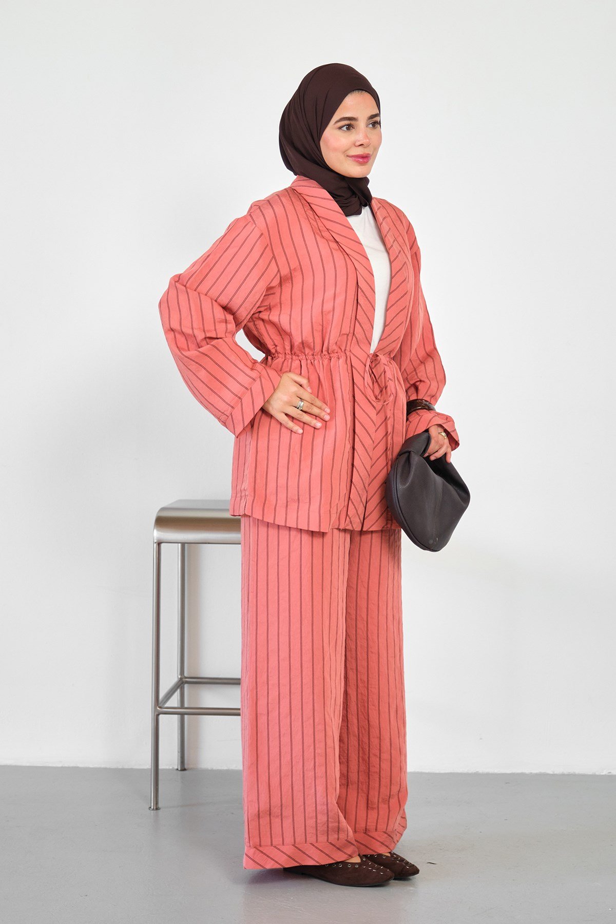 Beli Lastikli Önden Bağlamalı Çizgili Pantolonlu Kimono Takım Turuncu