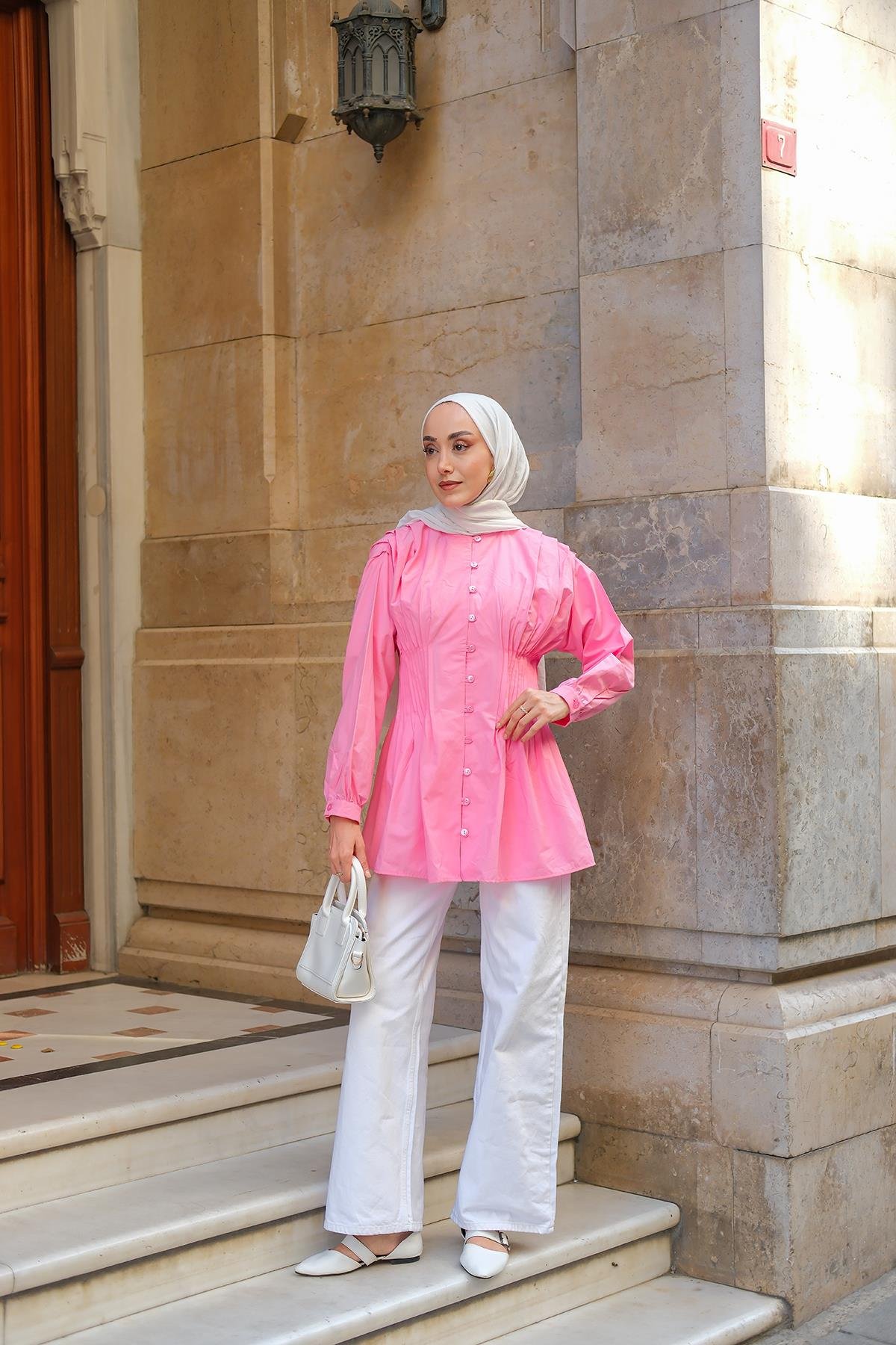 Beli Nervurlu Poplin Gömlek Pembe