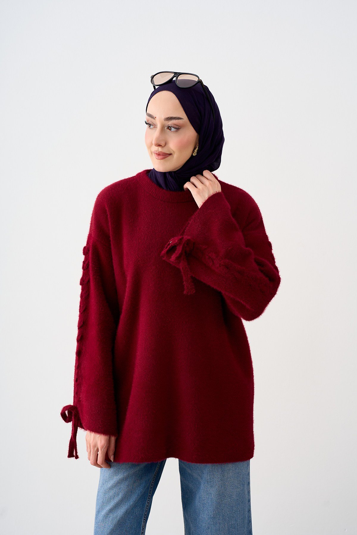 Bilek Kurdele Detay Triko Tunik Mürdüm