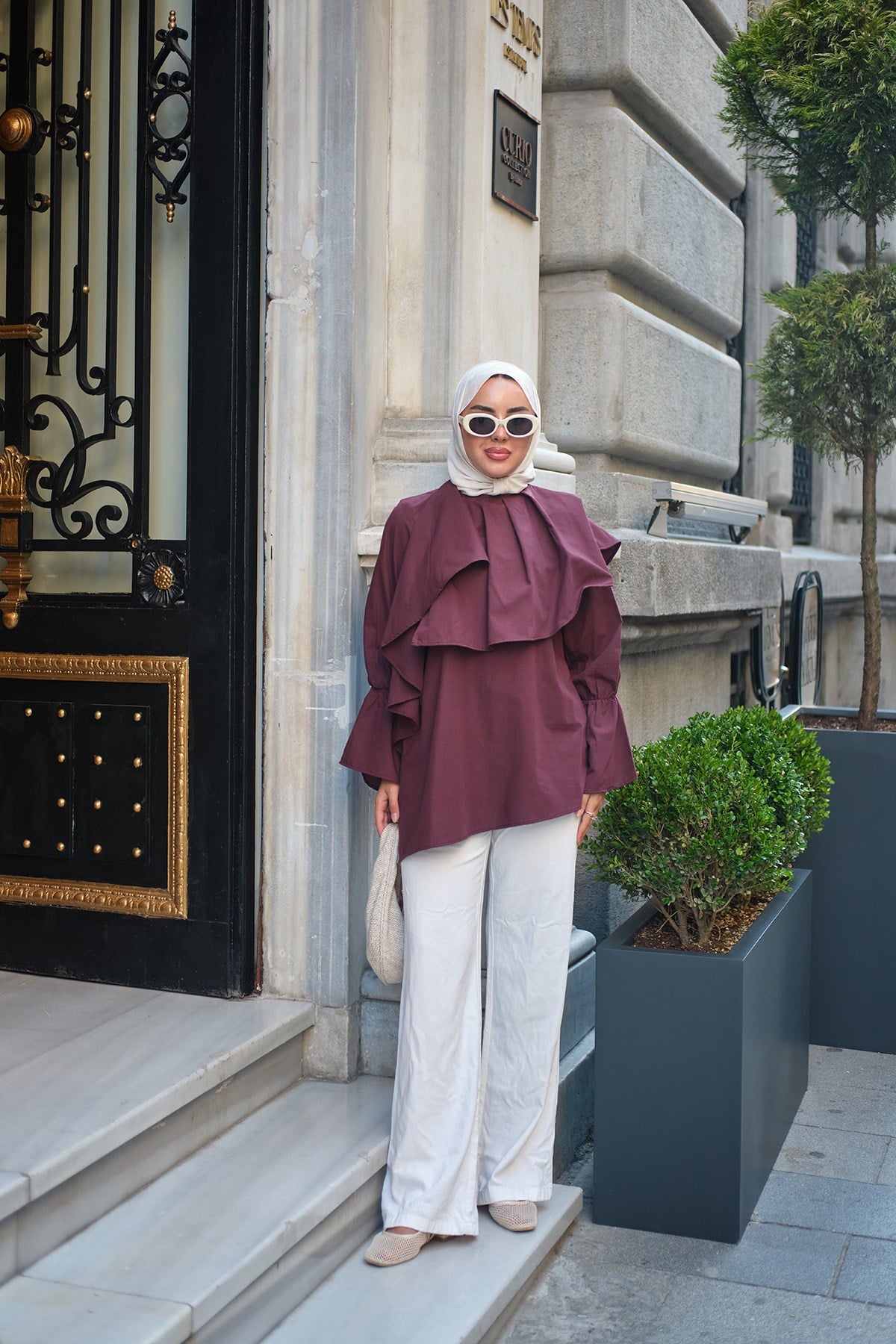 Bilek Lastik Detaylı Omuz Pelerinli Tunik Bordo
