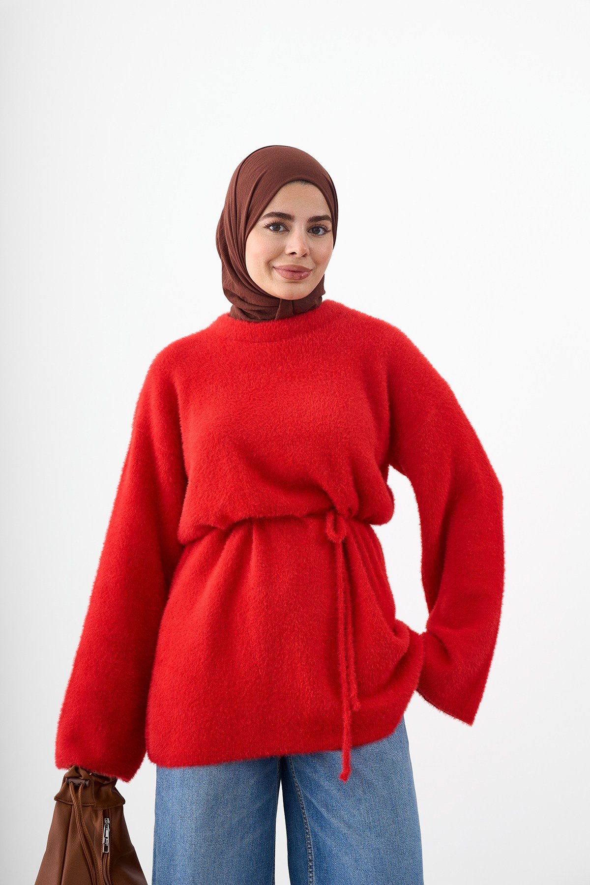 Bisiklet Yaka Bel Bağlamalı Triko Tunik Kırmızı