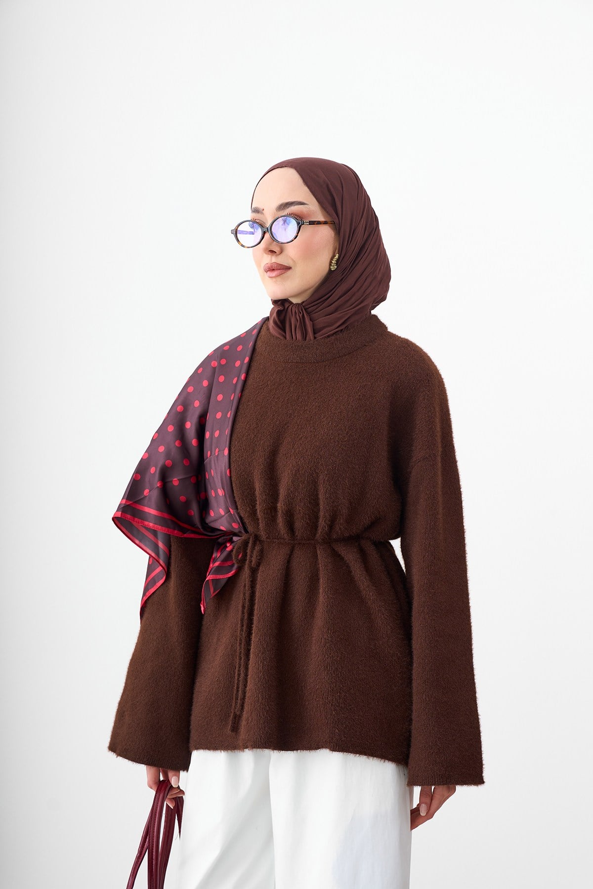 Bisiklet Yaka Bel Bağlamalı Triko Tunik Kahverengi