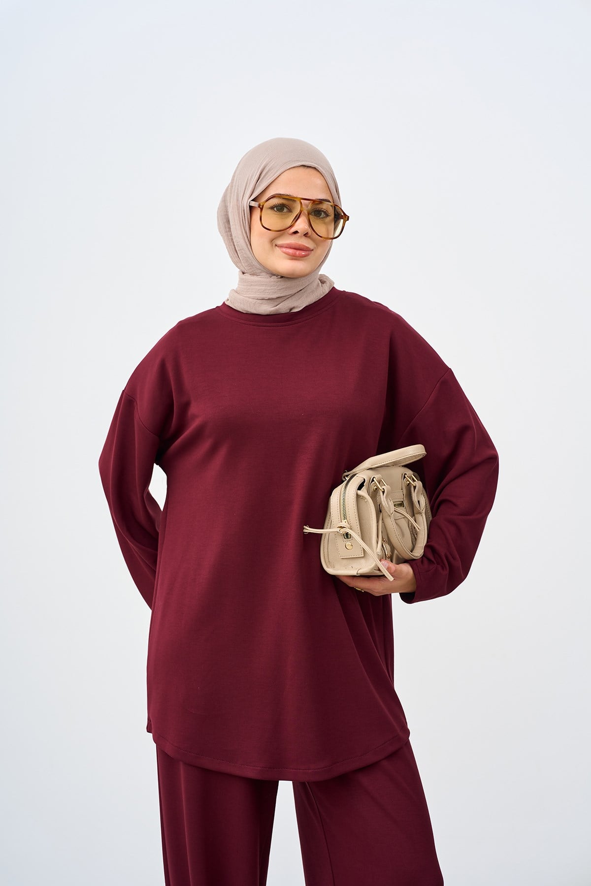 Bisiklet Yaka Bel Lastikli Pantolonlu Takım Bordo