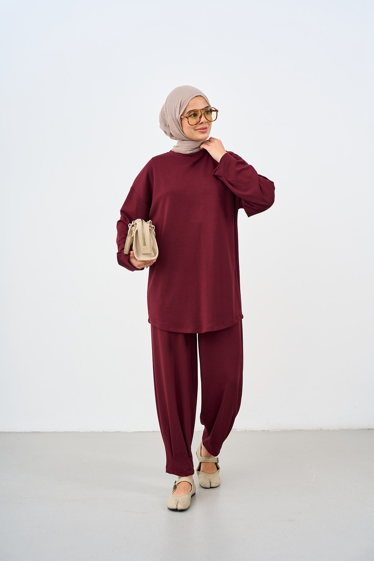 Bisiklet Yaka Bel Lastikli Pantolonlu Takım Bordo