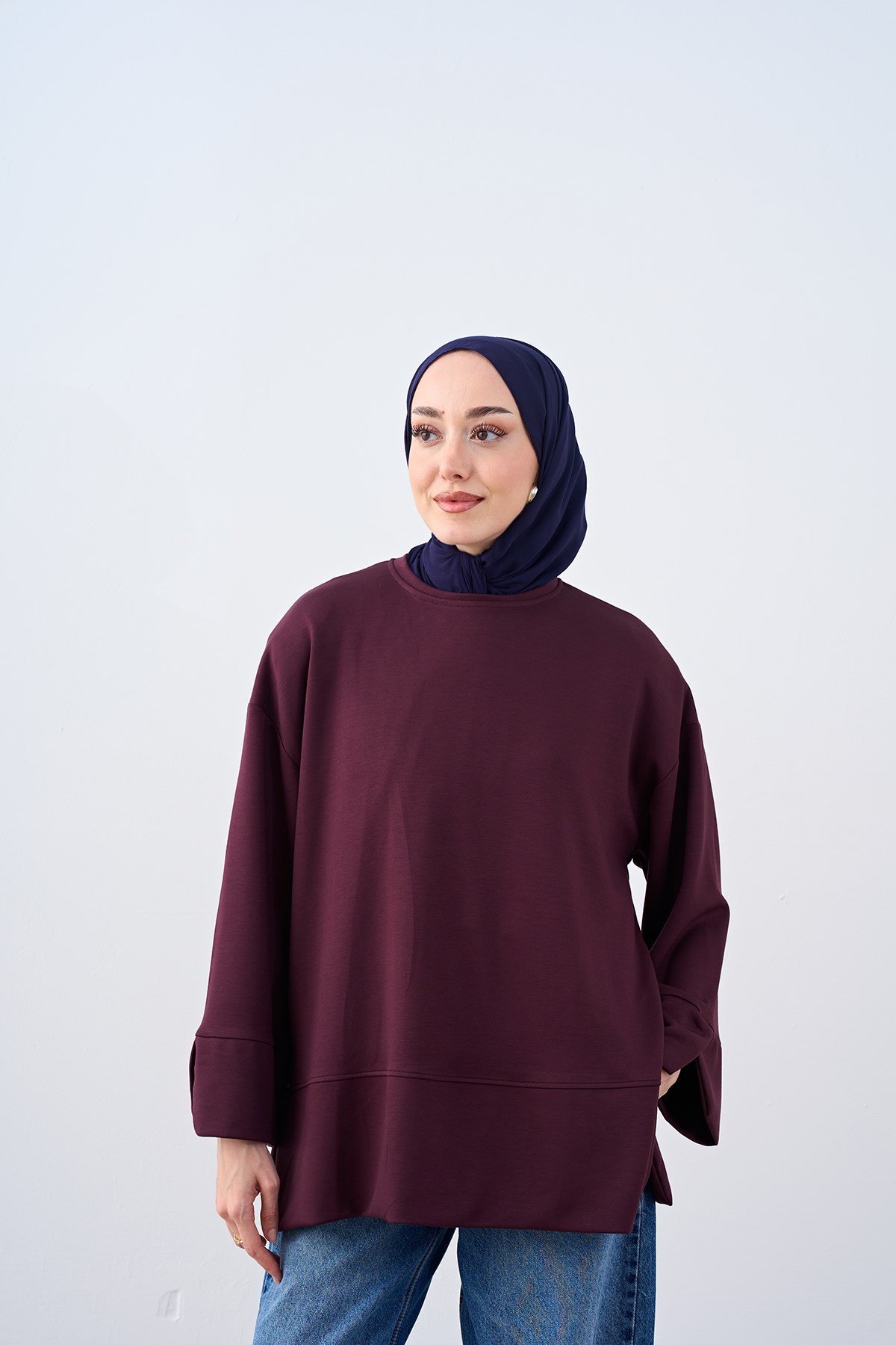 Bisiklet Yaka Çima Detay Sweatshirt Bordo