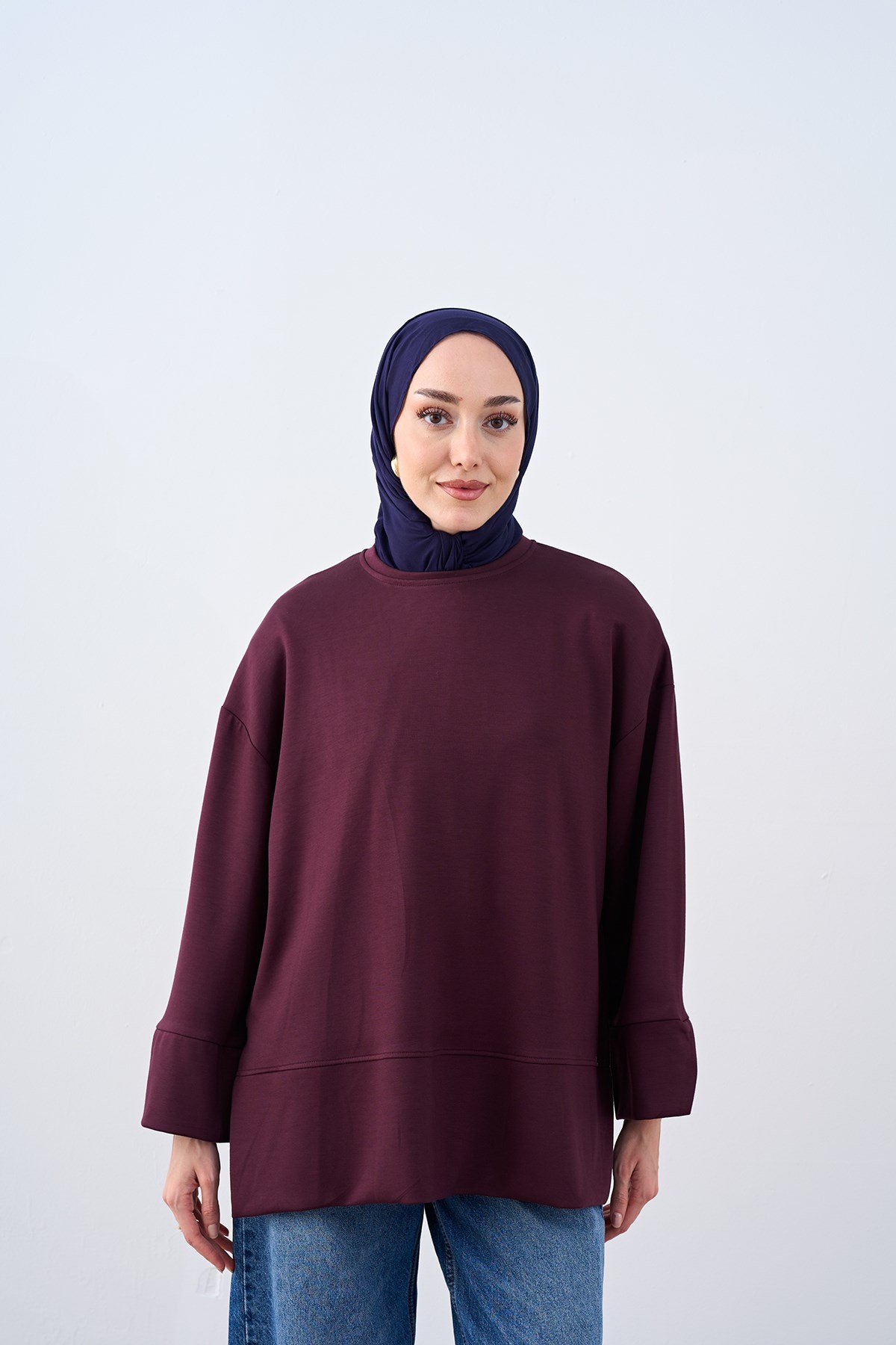 Bisiklet Yaka Çima Detay Sweatshirt Bordo