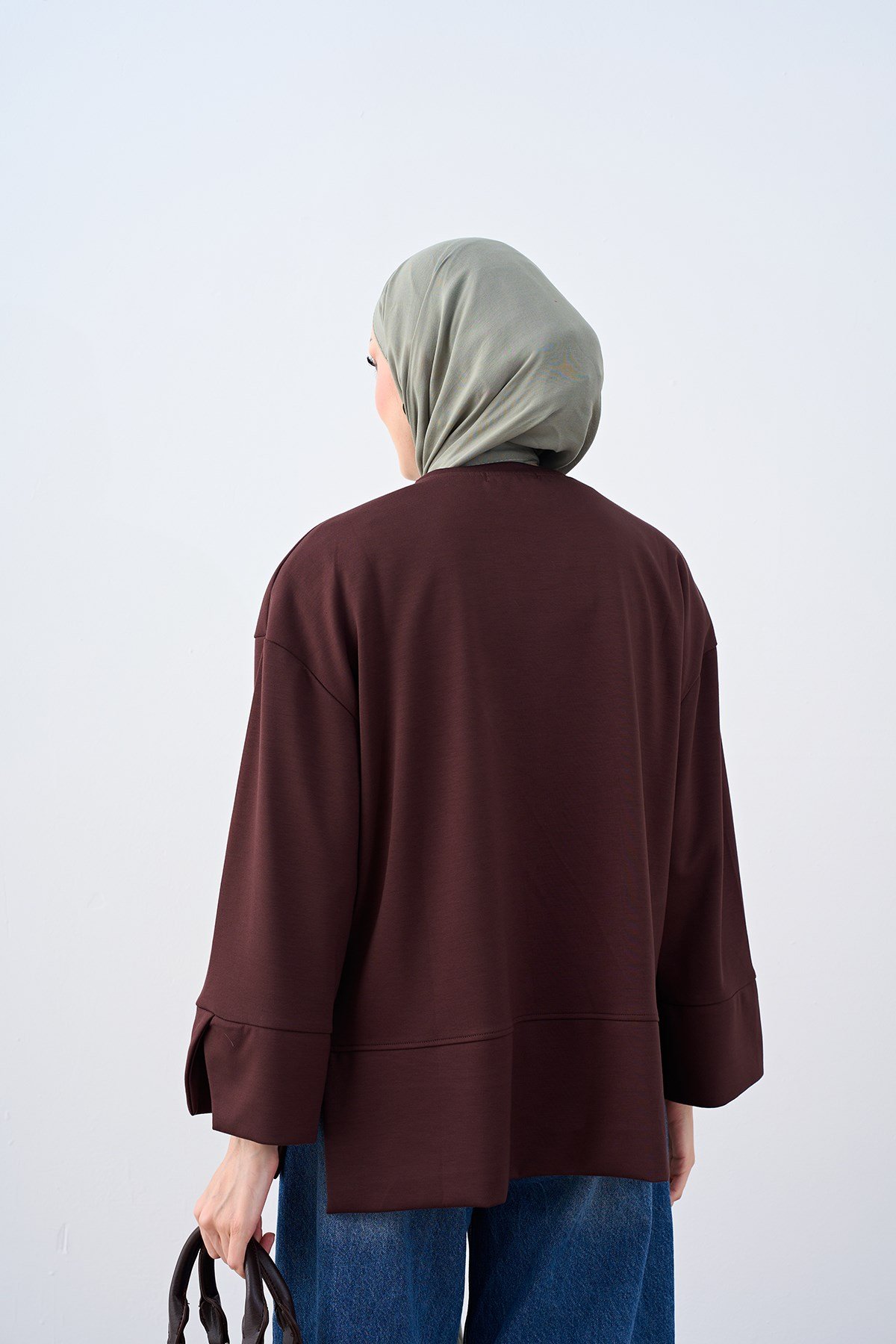 Bisiklet Yaka Çima Detay Sweatshirt Kahverengi