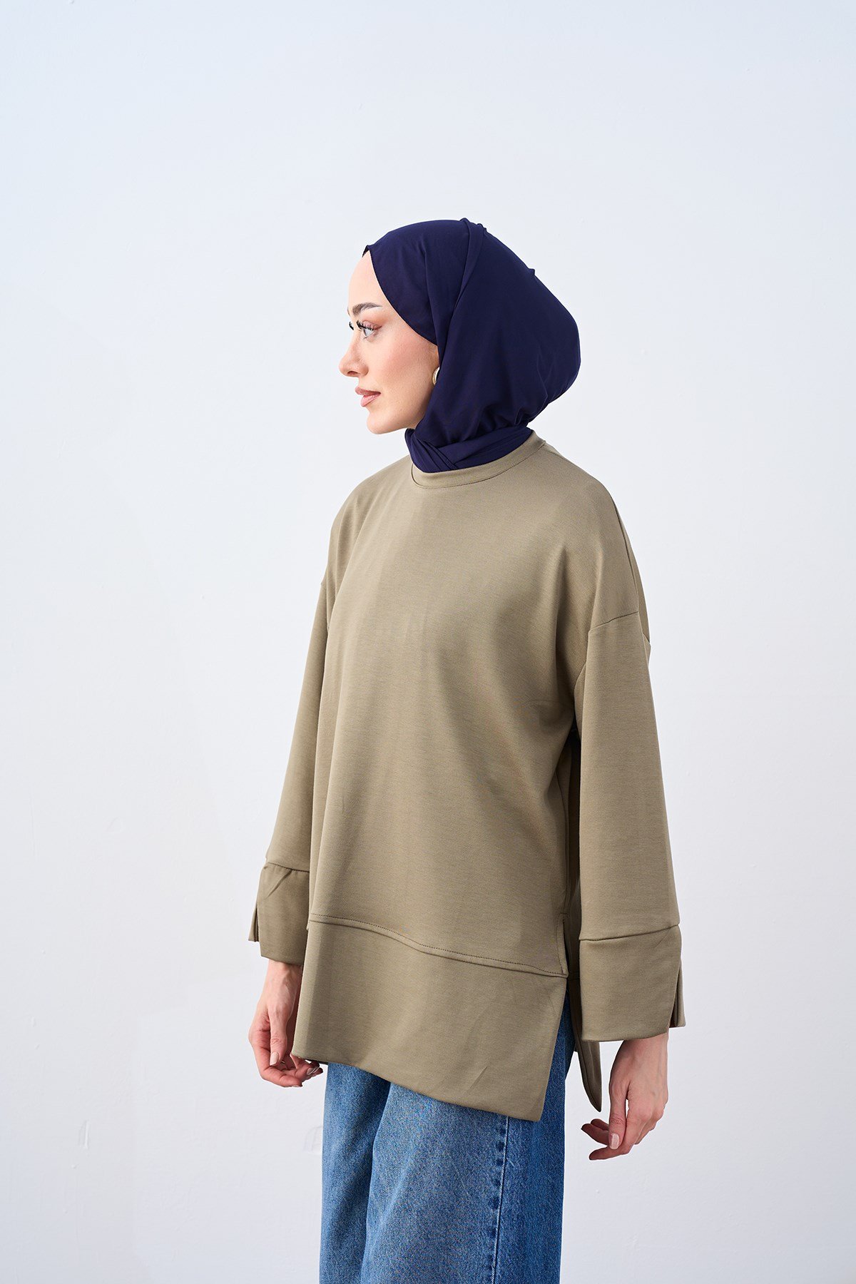 Bisiklet Yaka Çima Detay Sweatshirt Yeşil