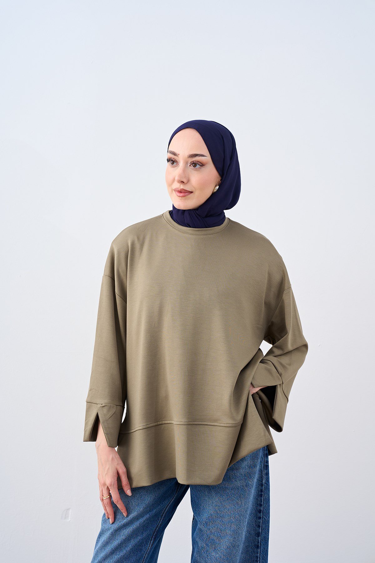 Bisiklet Yaka Çima Detay Sweatshirt Yeşil
