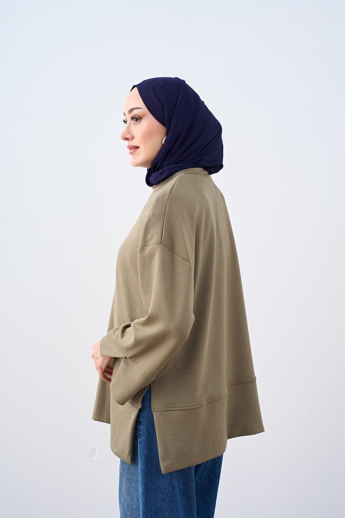 Bisiklet Yaka Çima Detay Sweatshirt Yeşil
