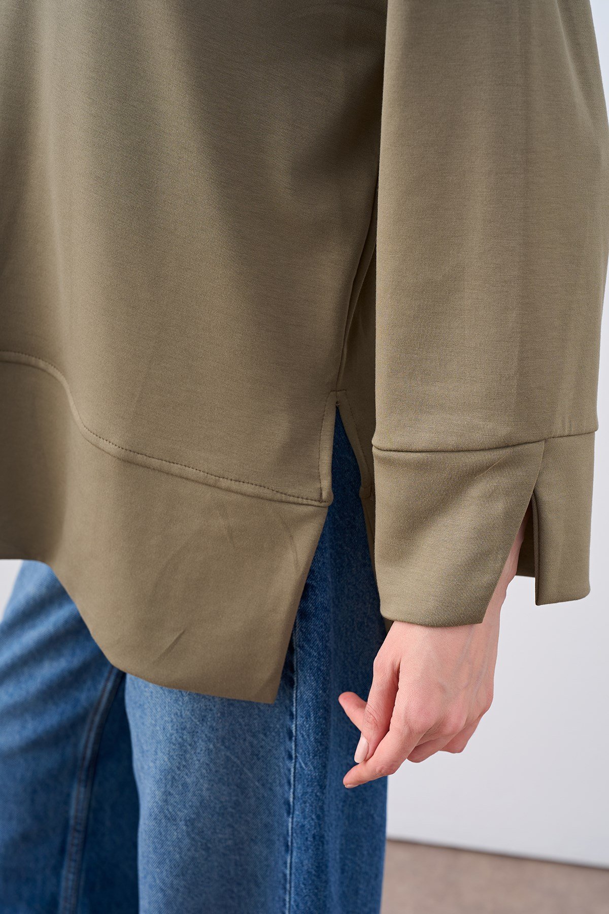 Bisiklet Yaka Çima Detay Sweatshirt Yeşil