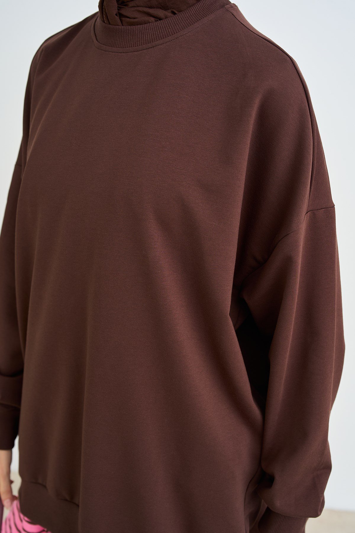 Bisiklet Yaka Oversize Sweatshirt Kahverengi