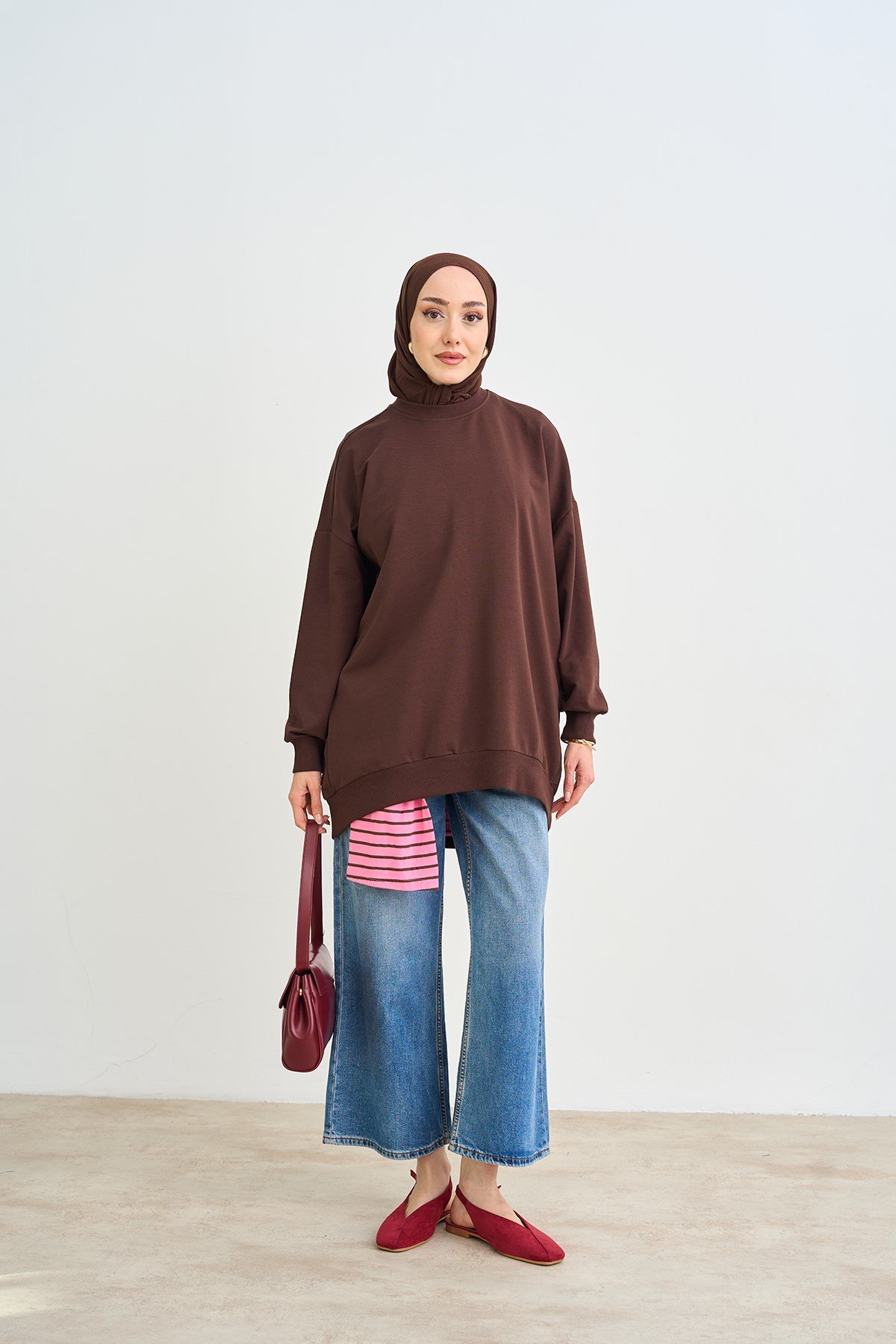 Bisiklet Yaka Oversize Sweatshirt Kahverengi