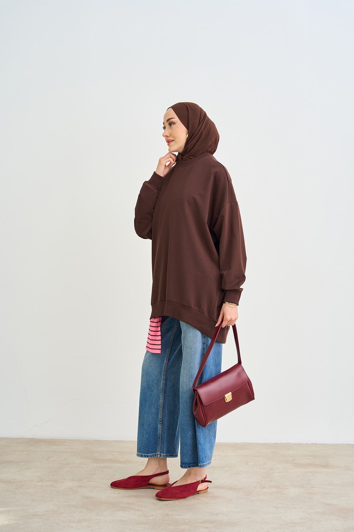 Bisiklet Yaka Oversize Sweatshirt Kahverengi