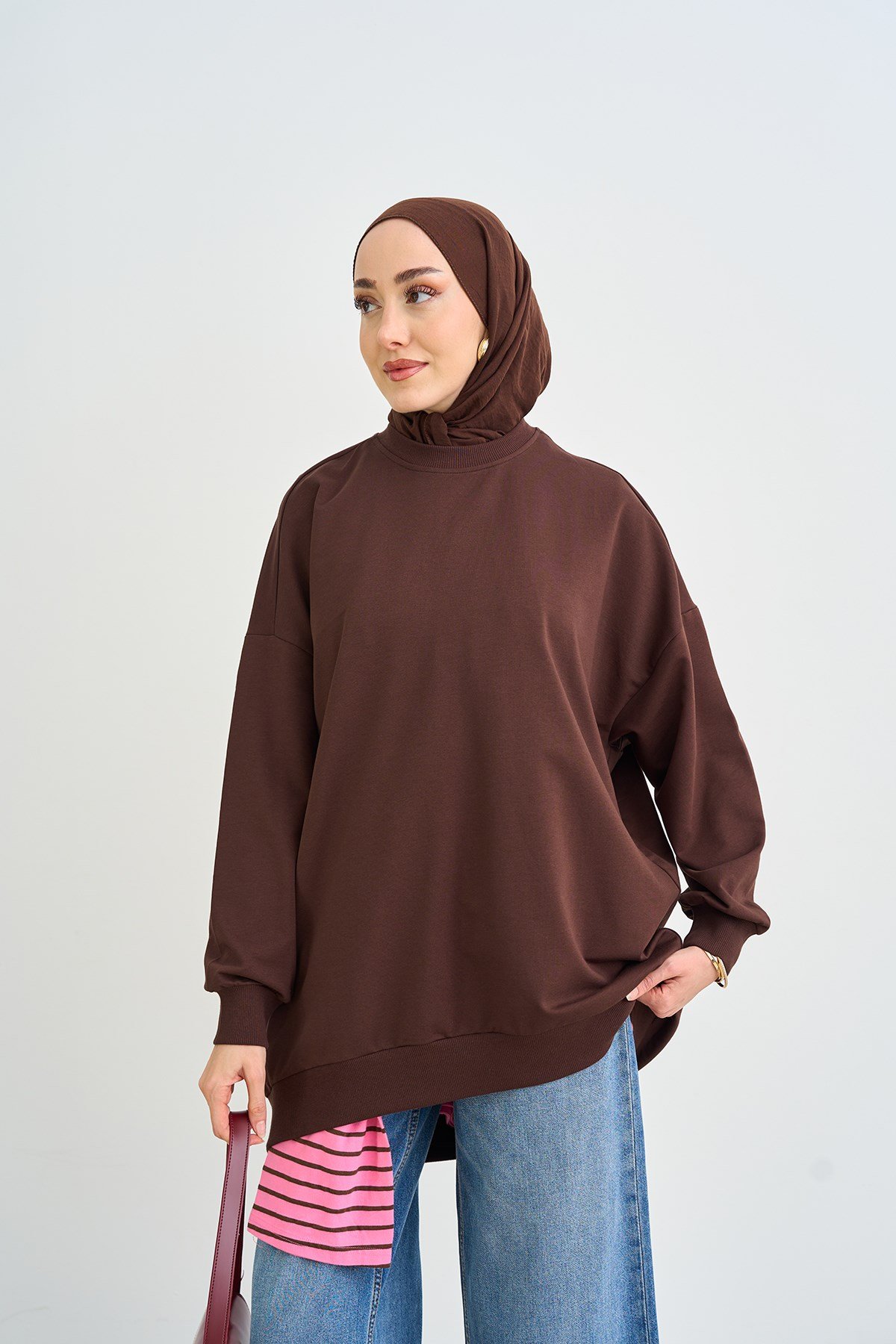 Bisiklet Yaka Oversize Sweatshirt Kahverengi