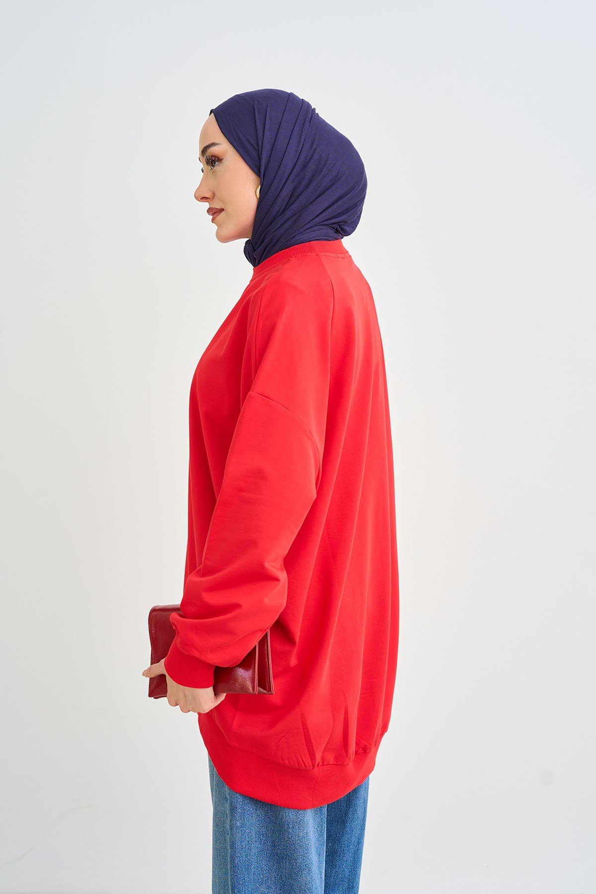 Bisiklet Yaka Oversize Sweatshirt Kırmızı