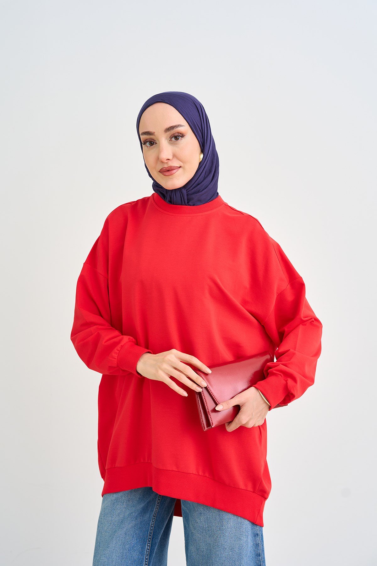Bisiklet Yaka Oversize Sweatshirt Kırmızı