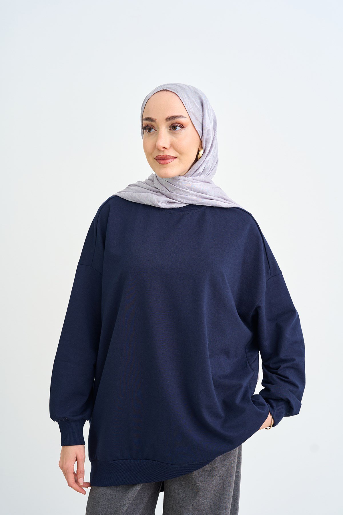 Bisiklet Yaka Oversize Sweatshirt Lacivert