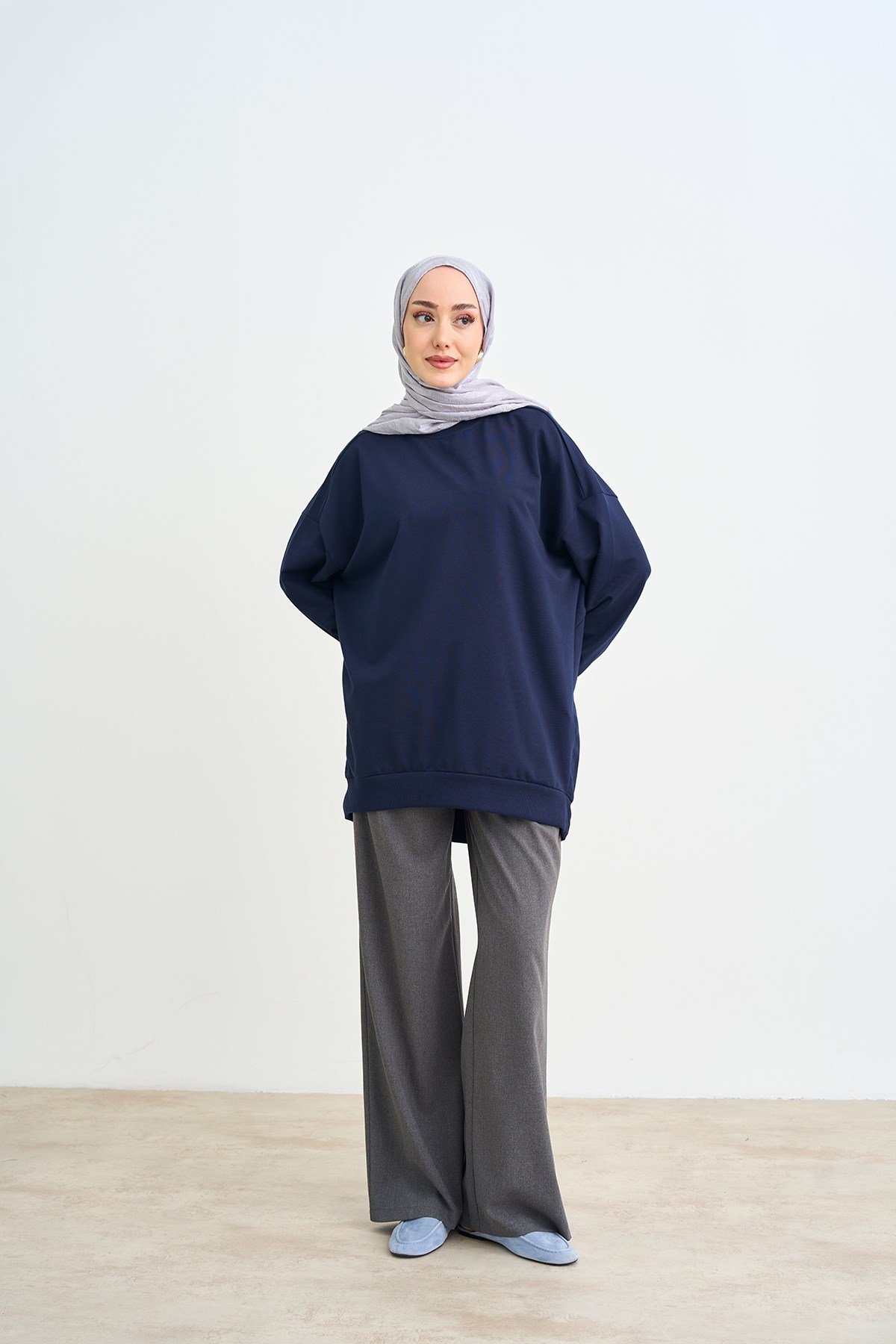Bisiklet Yaka Oversize Sweatshirt Lacivert