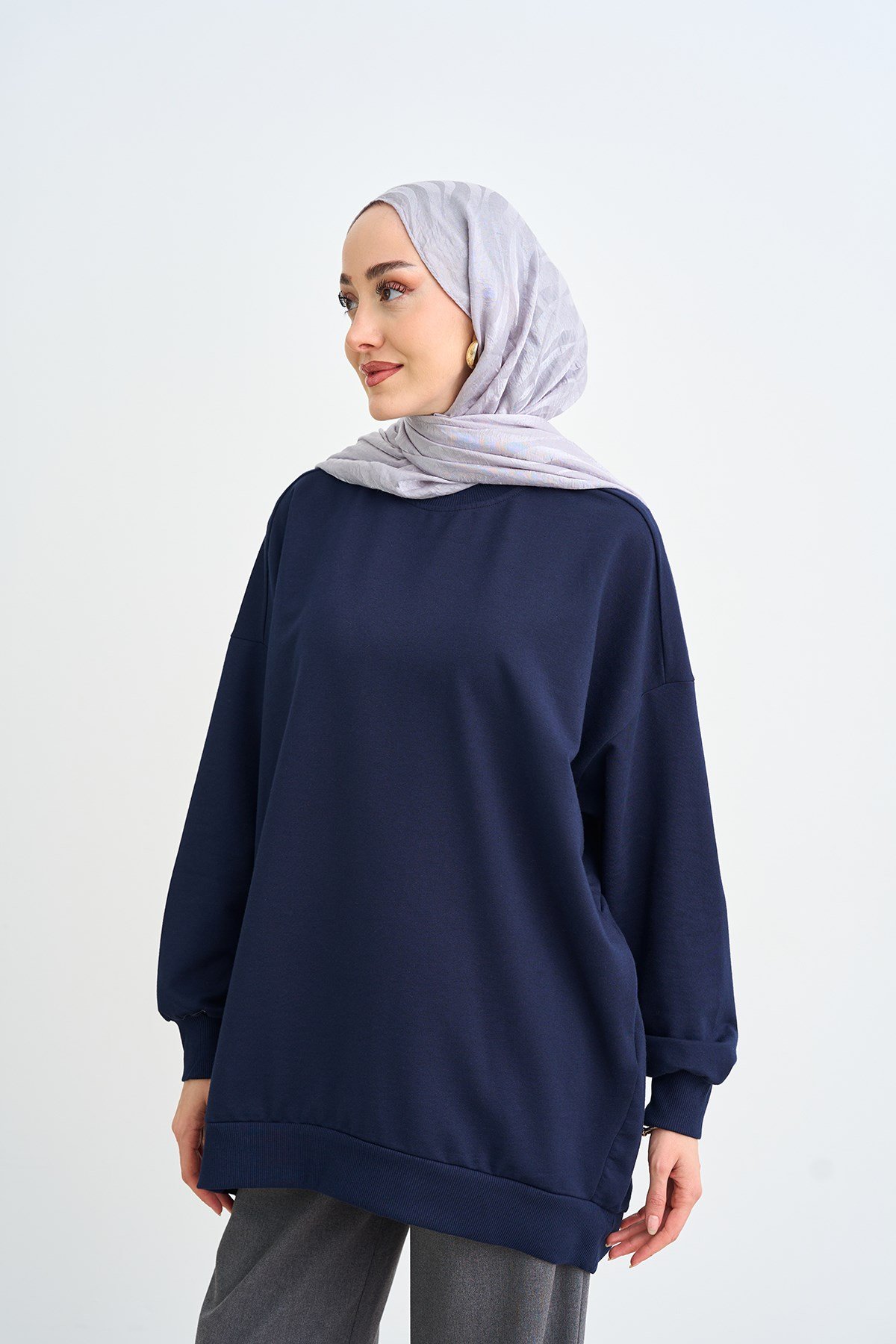 Bisiklet Yaka Oversize Sweatshirt Lacivert
