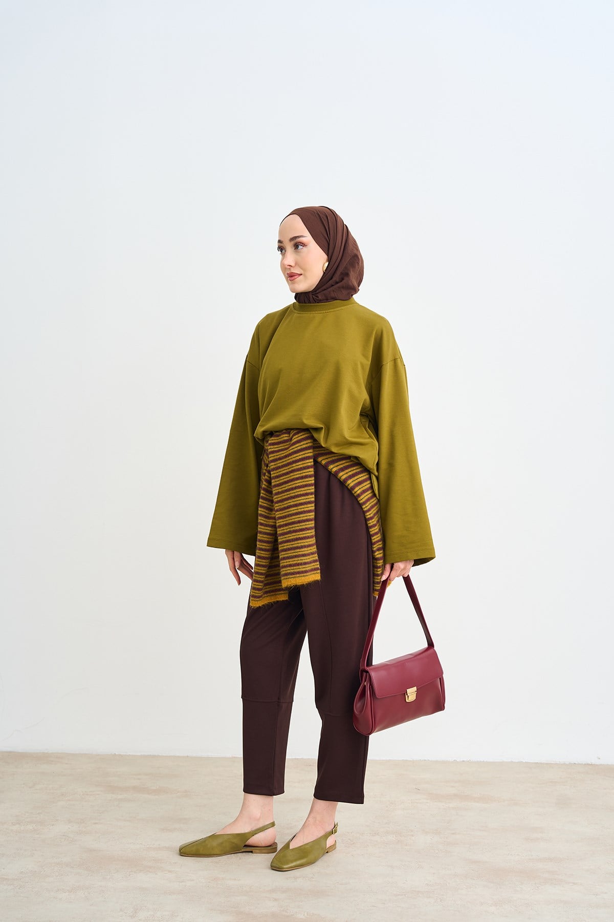 Bisiklet Yaka Sweatshirt Yağ Yeşil
