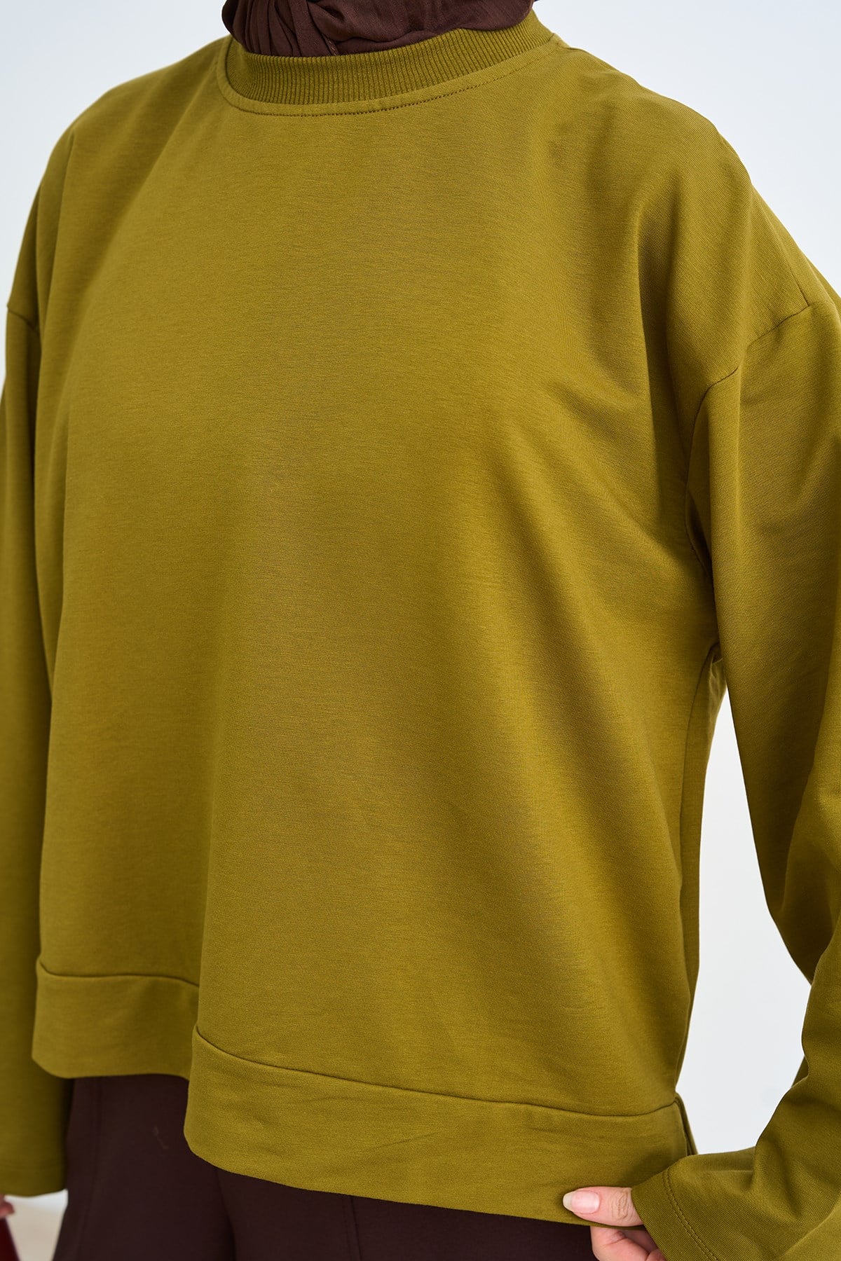 Bisiklet Yaka Sweatshirt Yağ Yeşil
