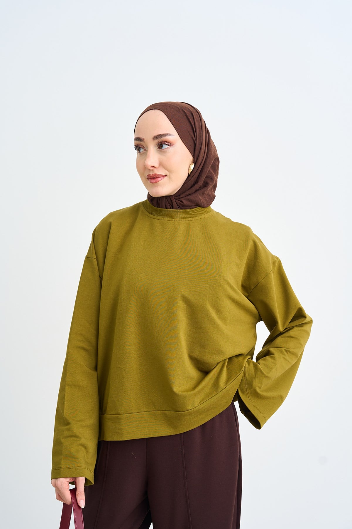 Bisiklet Yaka Sweatshirt Yağ Yeşil
