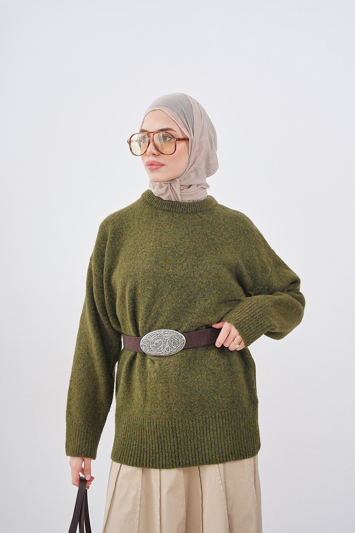 Bisiklet Yaka Triko Kazak Haki Yeşil