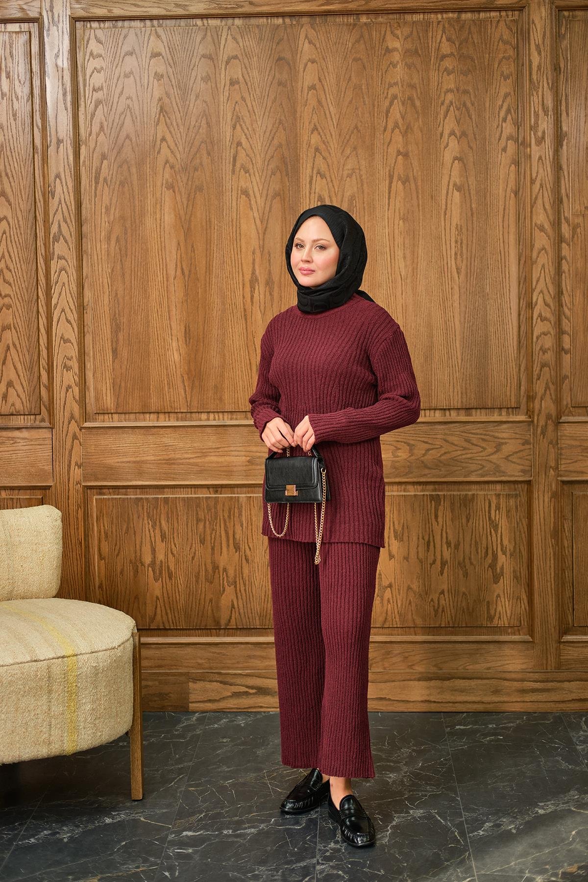 Bisiklet Yaka Triko Takım Bordo