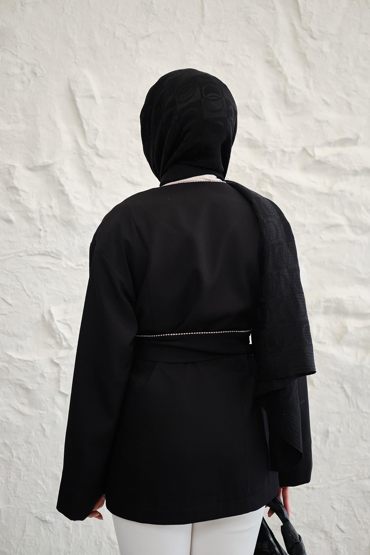 Boncuk Şerit Detay Bel Bağlamalı Kimono Siyah
